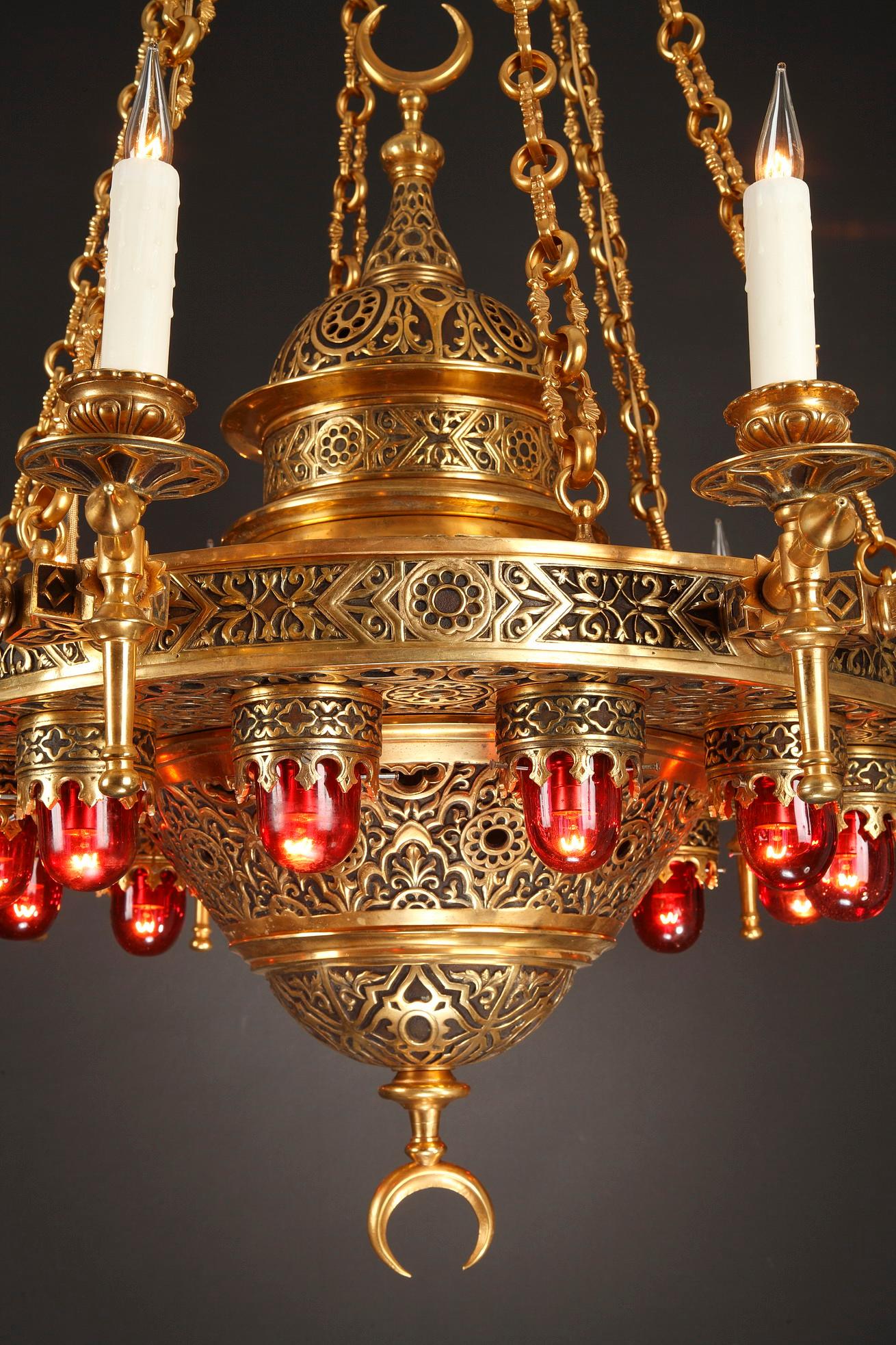 Gilt Important Pair of Gilded Bronze Oriental Style Chandeliers, France, Circa 1910 For Sale