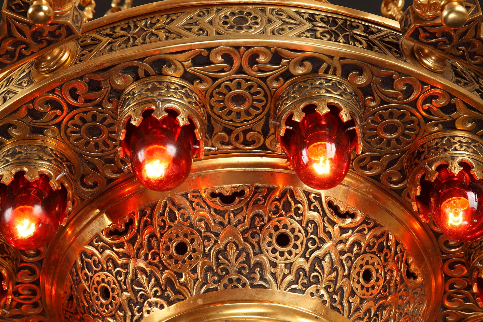 Glass Important Pair of Gilded Bronze Oriental Style Chandeliers, France, Circa 1910 For Sale