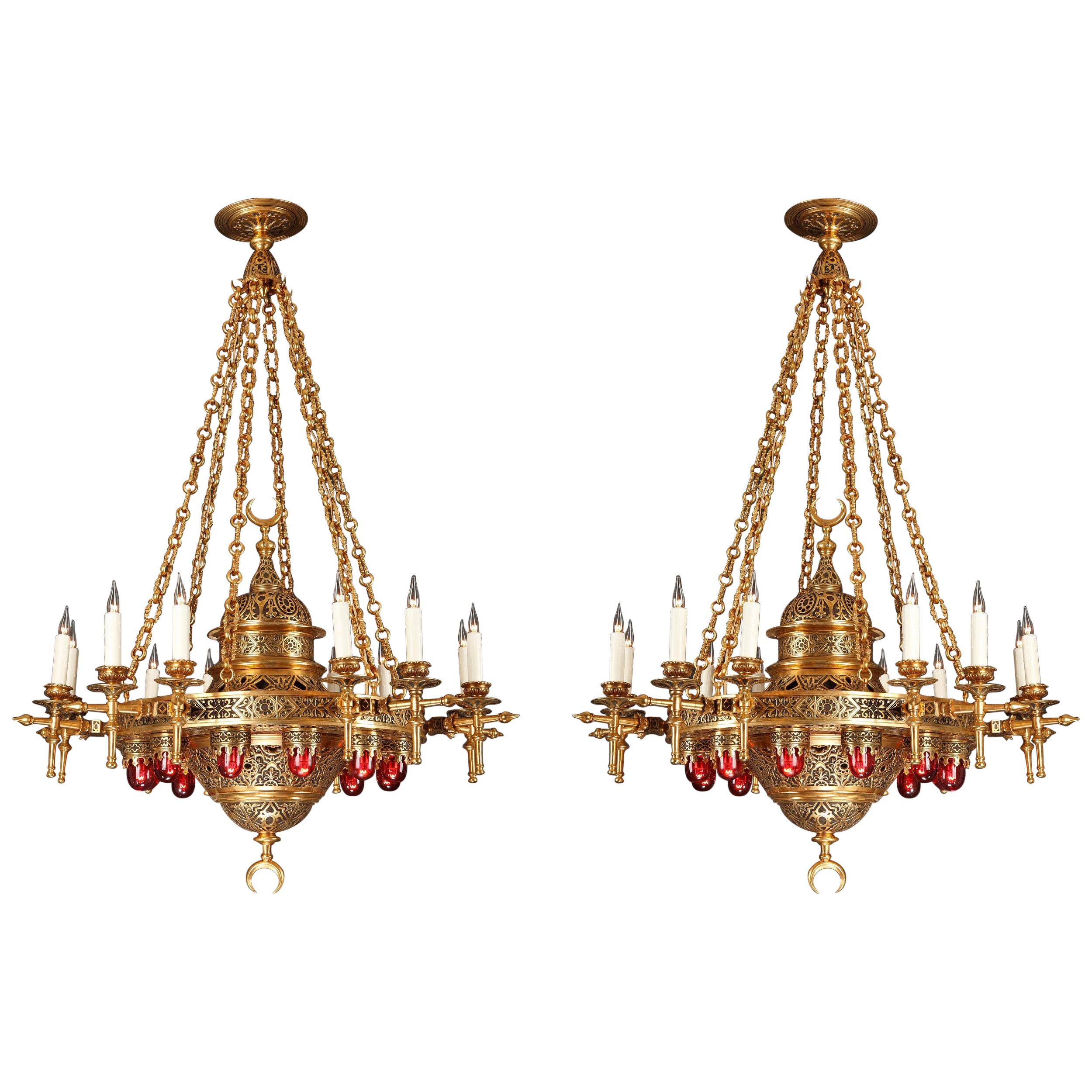 Important Pair of Gilded Bronze Oriental Style Chandeliers, France, Circa 1910