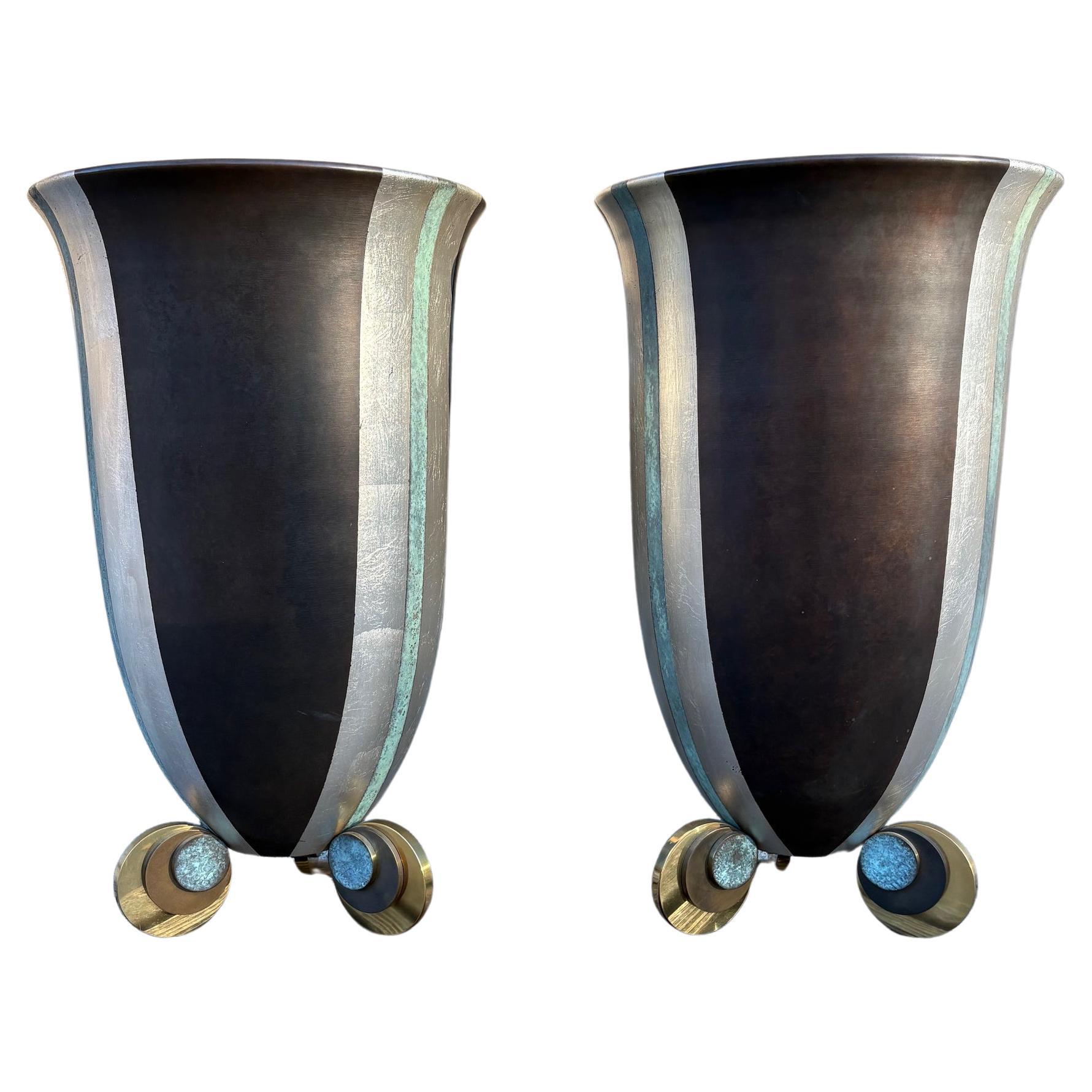 Important Pair of Patinated Silvered Copper and Brass Urns by Karl Springer For Sale
