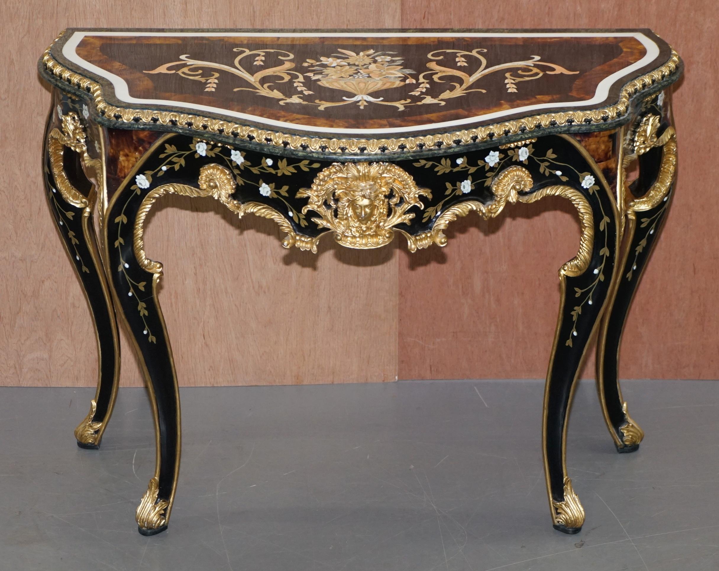Victorian Important Pair of Pietra Dura Marble Demilune Console Tables Bronze Gilding