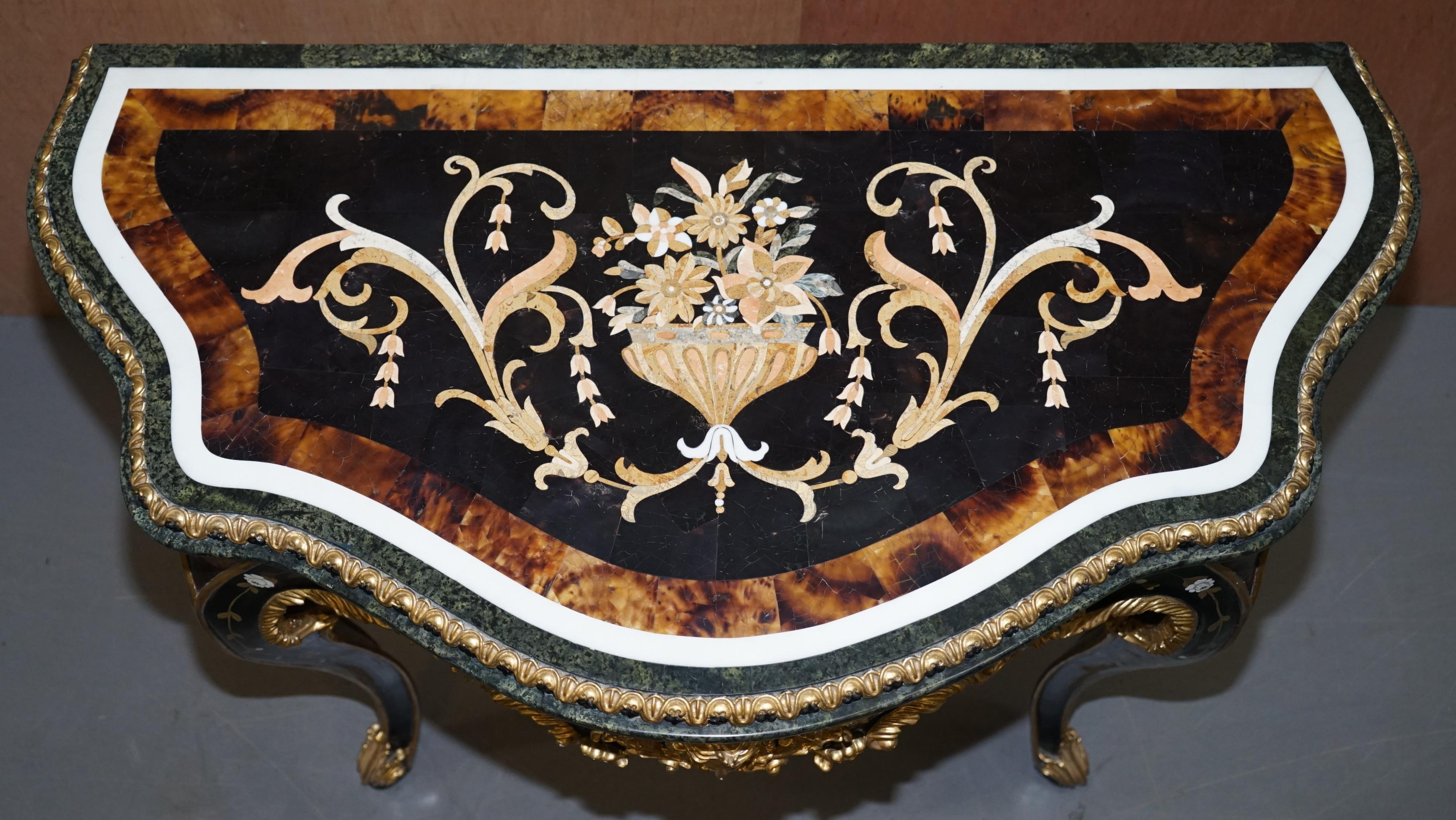 Italian Important Pair of Pietra Dura Marble Demilune Console Tables Bronze Gilding