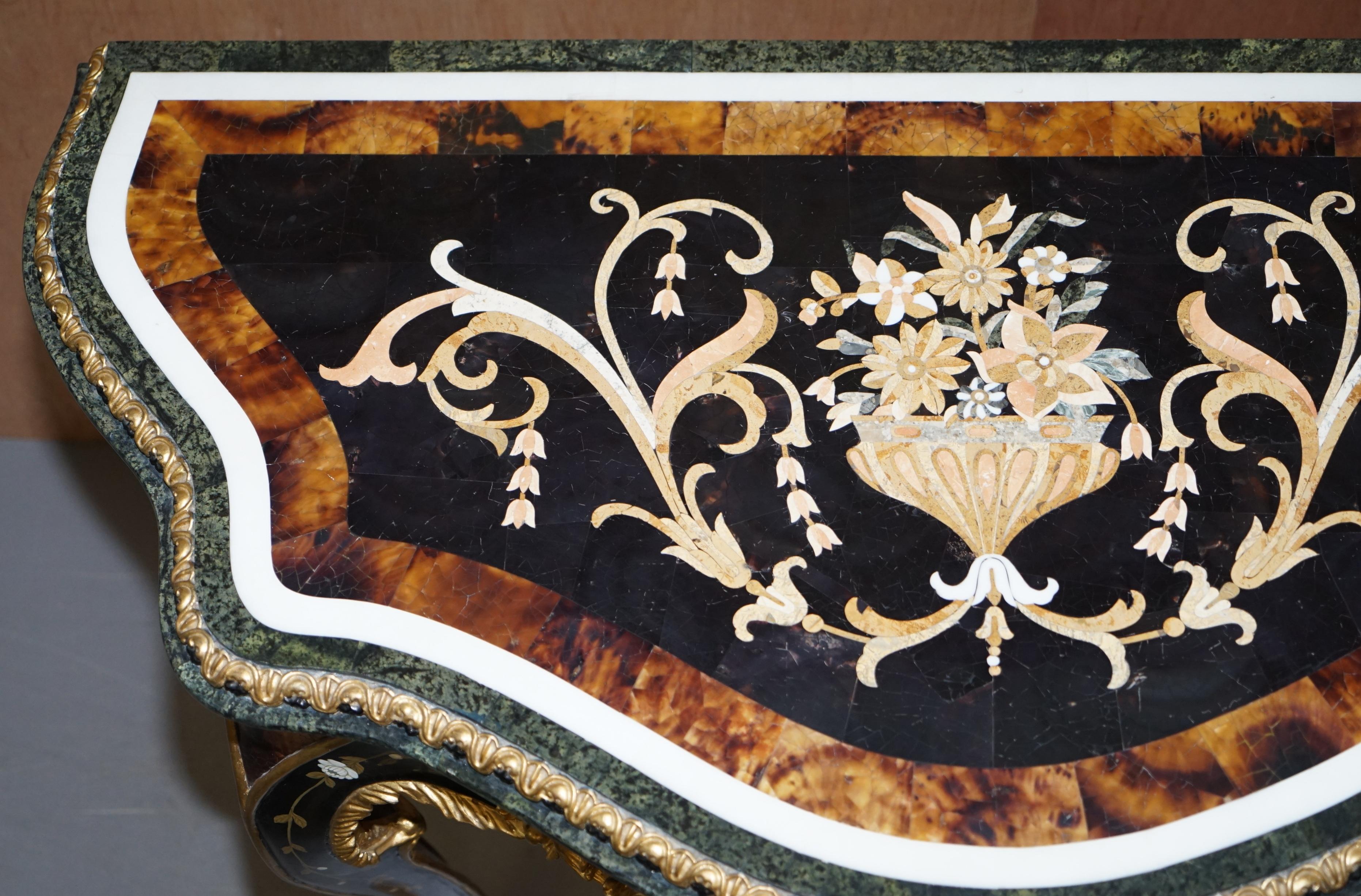 Hand-Crafted Important Pair of Pietra Dura Marble Demilune Console Tables Bronze Gilding