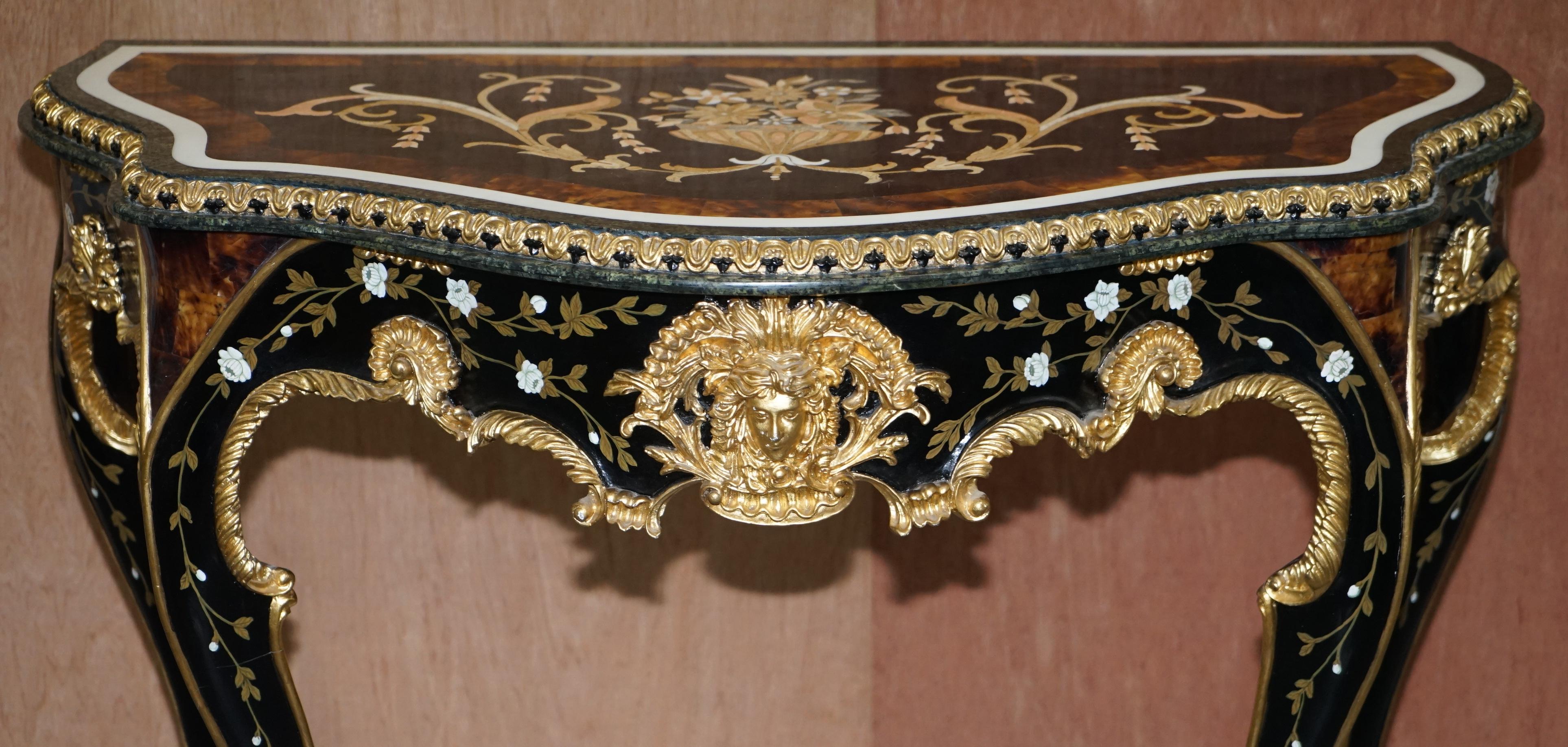19th Century Important Pair of Pietra Dura Marble Demilune Console Tables Bronze Gilding