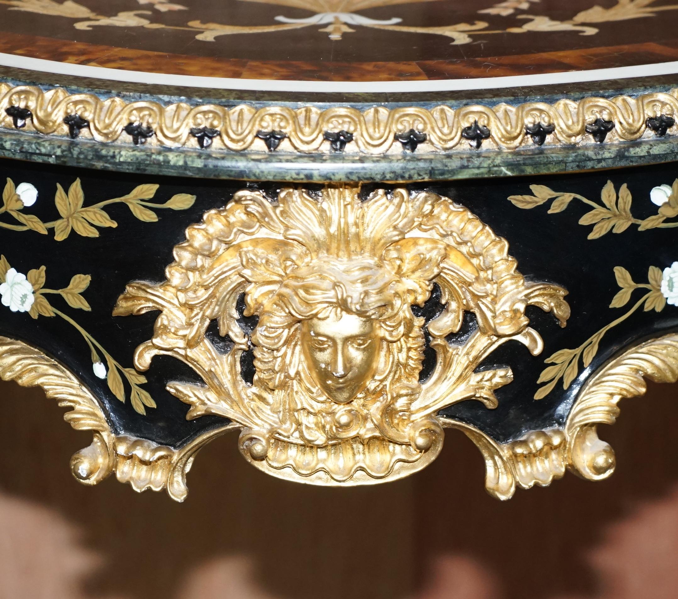 Important Pair of Pietra Dura Marble Demilune Console Tables Bronze Gilding 1