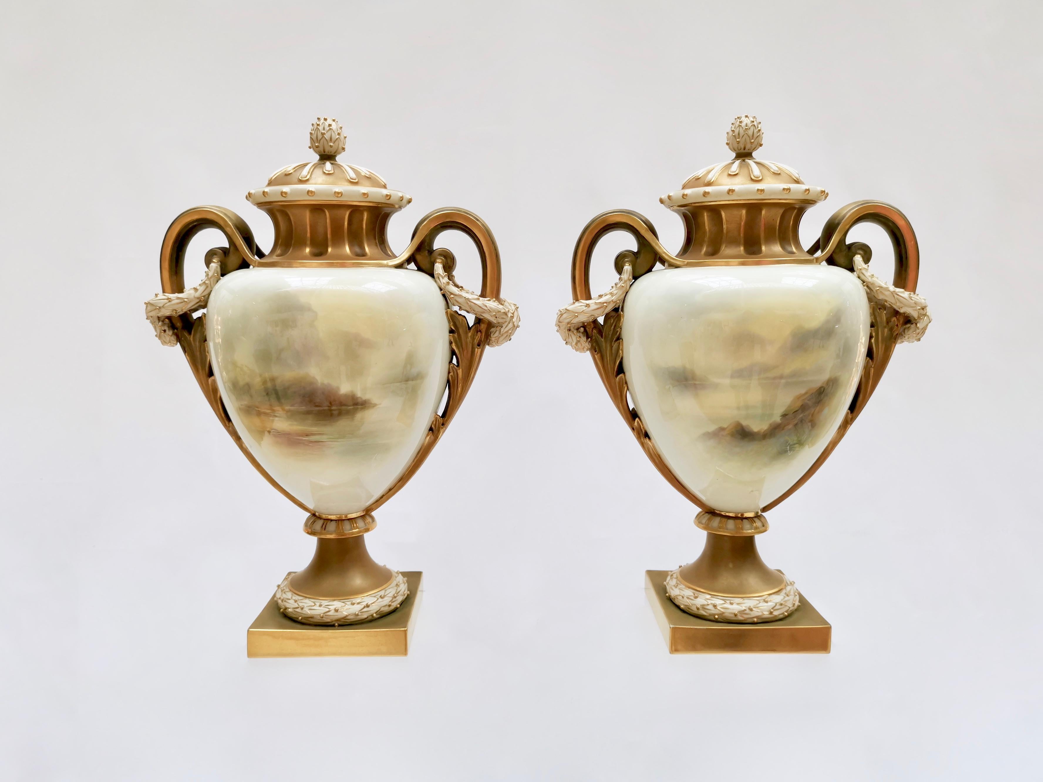 This is an important and extremely rare pair of porcelain vases and covers made by Royal Worcester in 1903. The vases are painted and signed by the famous porcelain artist John Stinton.

The original Worcester pottery was founded in the mid-18th