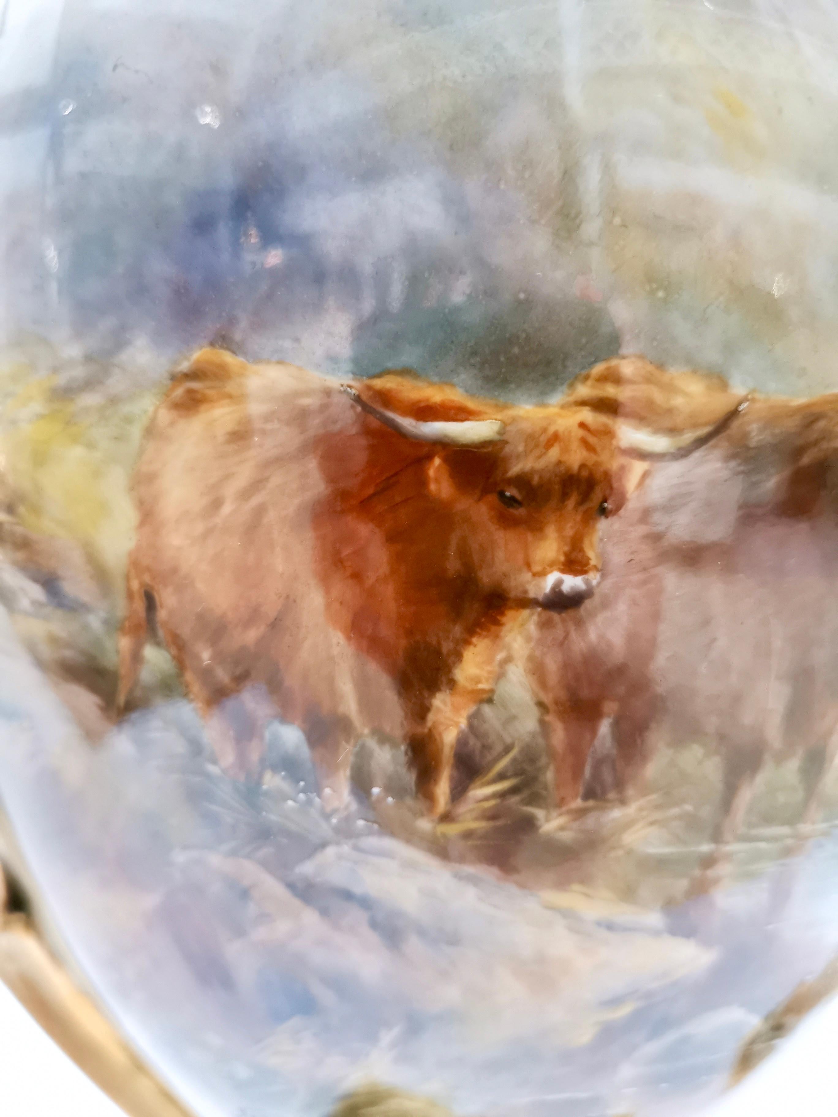 Hand-Painted Important Pair of Royal Worcester Vases, Highland Cattle by John Stinton, 1903