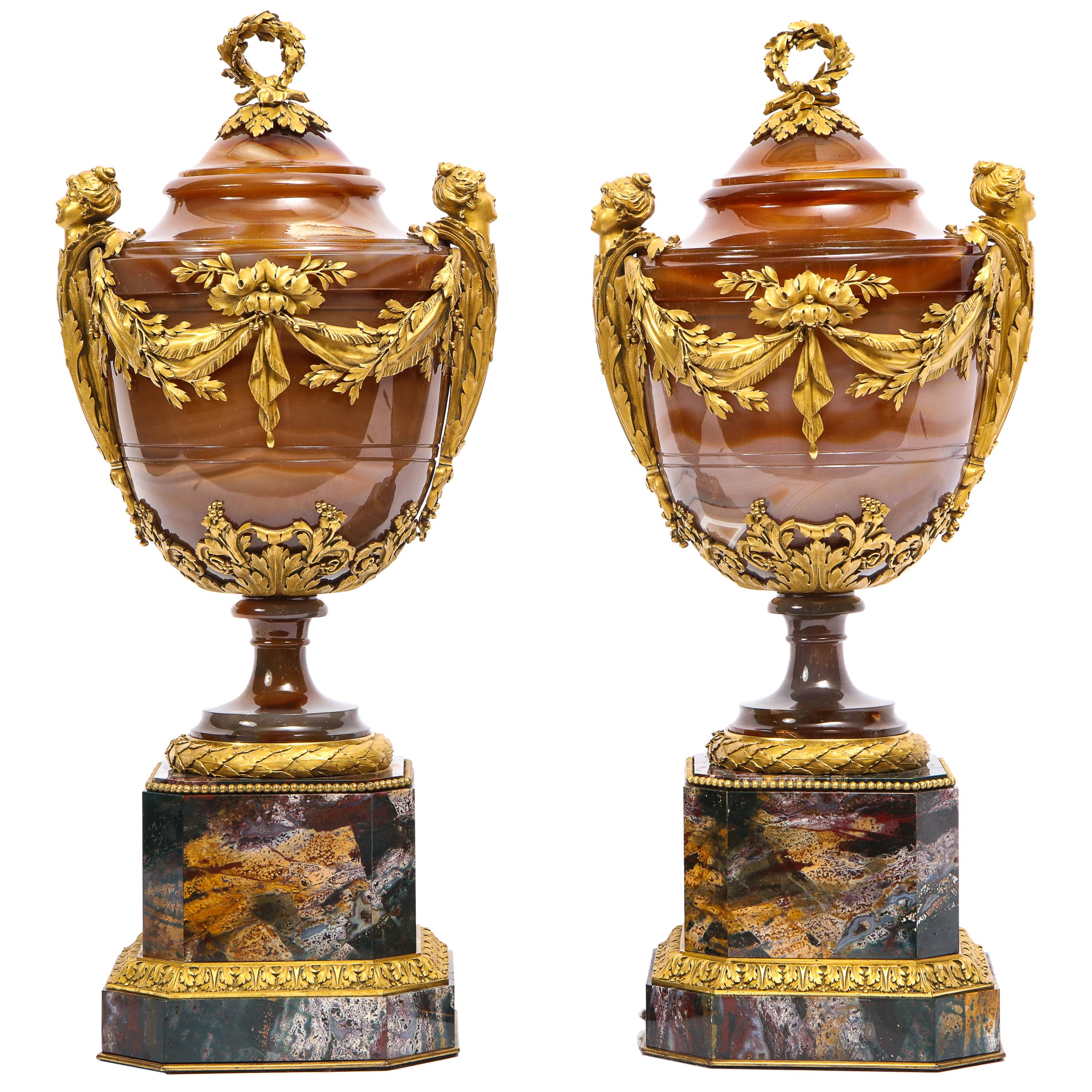 Important Pair of Russian Imperial Agate and Bloodstone Ormolu Mtd. Jasper Vases