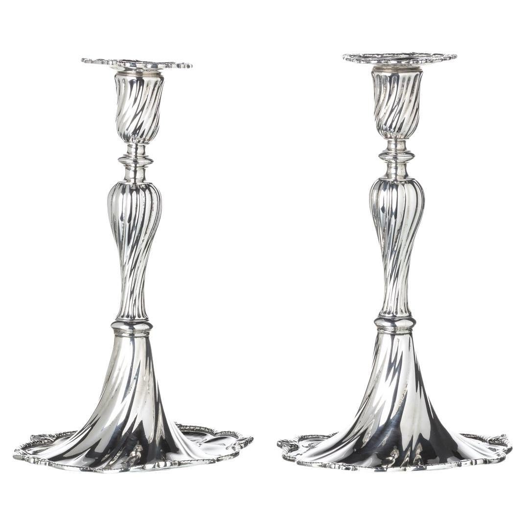 Important Pair of Silver Skirt Candlesticks English Import 18th Century For Sale