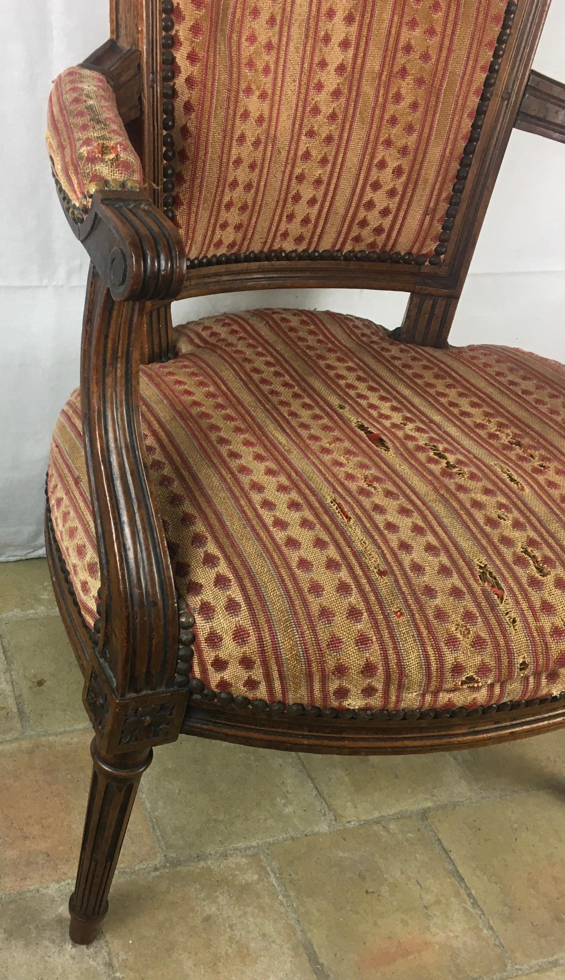 French Pair of Louis XVI 18th Century Armchairs or Fauteuils, Stamped/Signed  For Sale 6