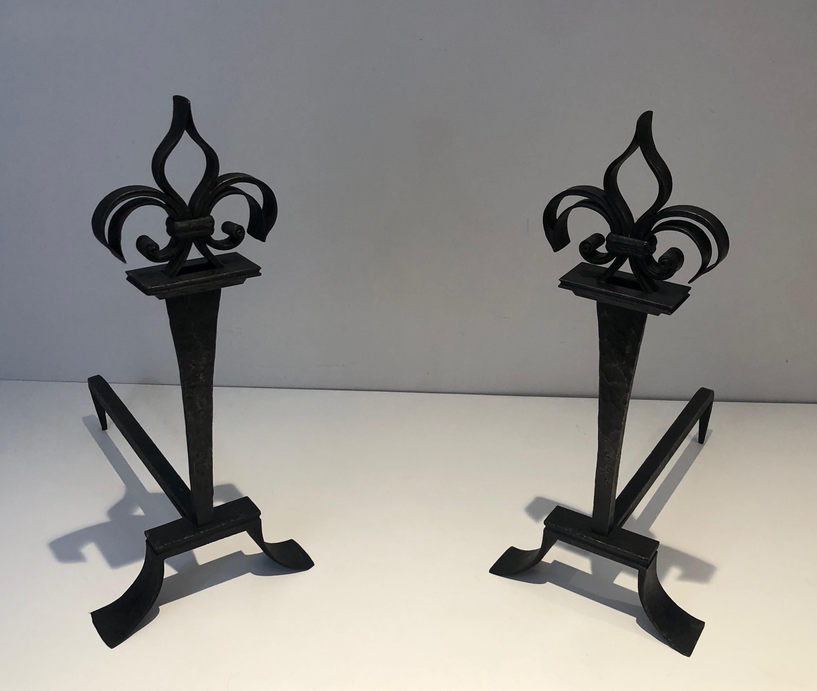Important Pair of Wrought Iron Andirons with a Lily Flower For Sale 5