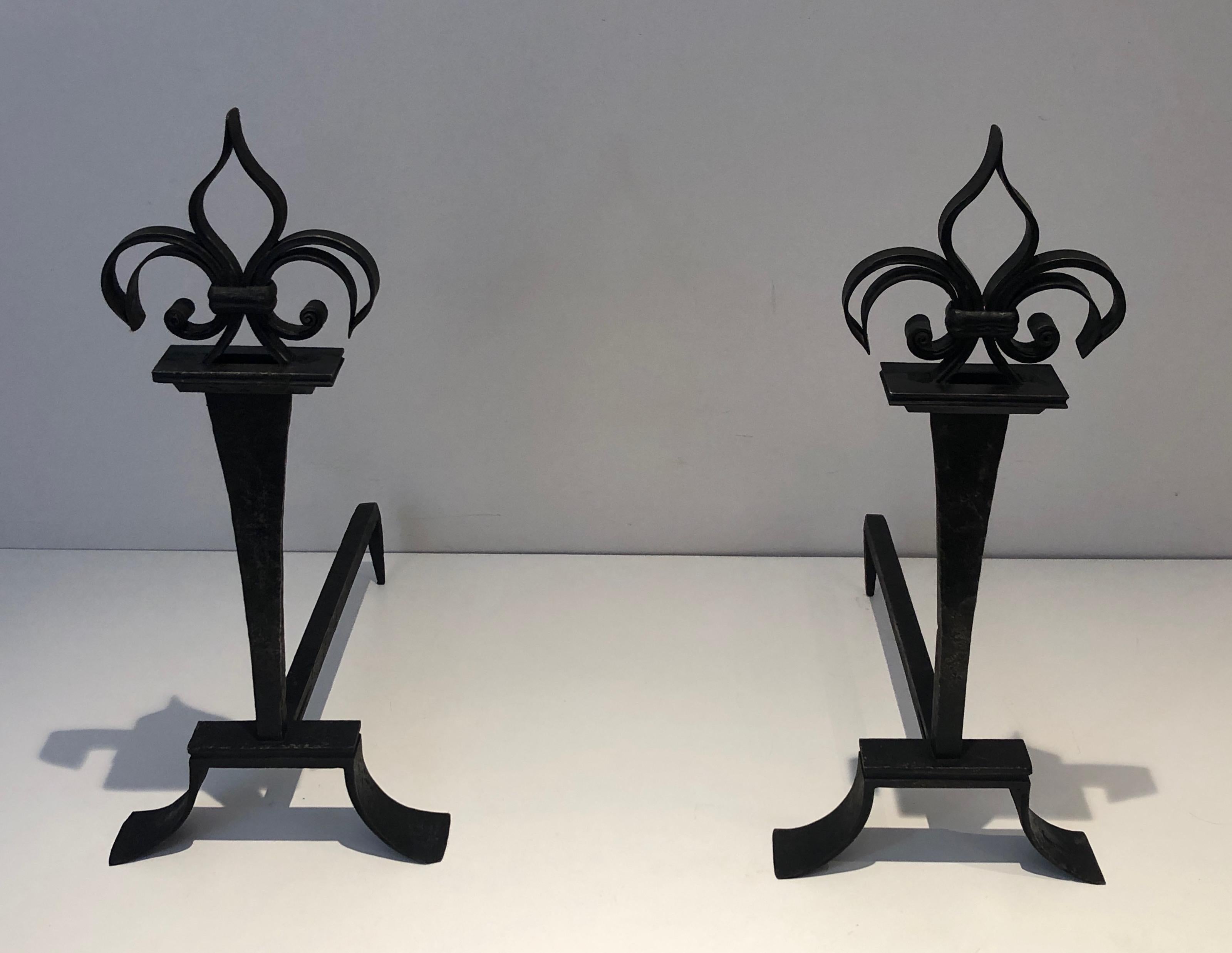 Important Pair of Wrought Iron Andirons with a Lily Flower For Sale 6