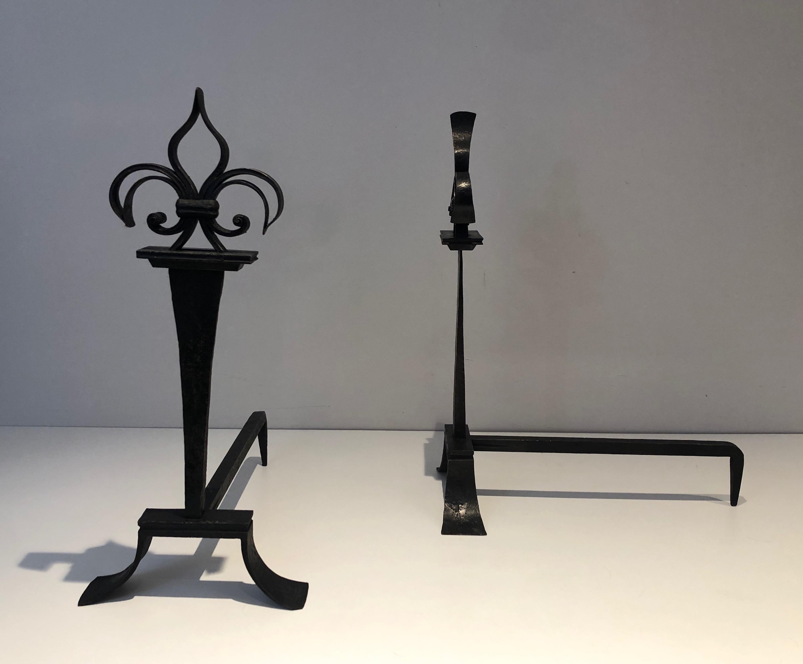 French Important Pair of Wrought Iron Andirons with a Lily Flower For Sale