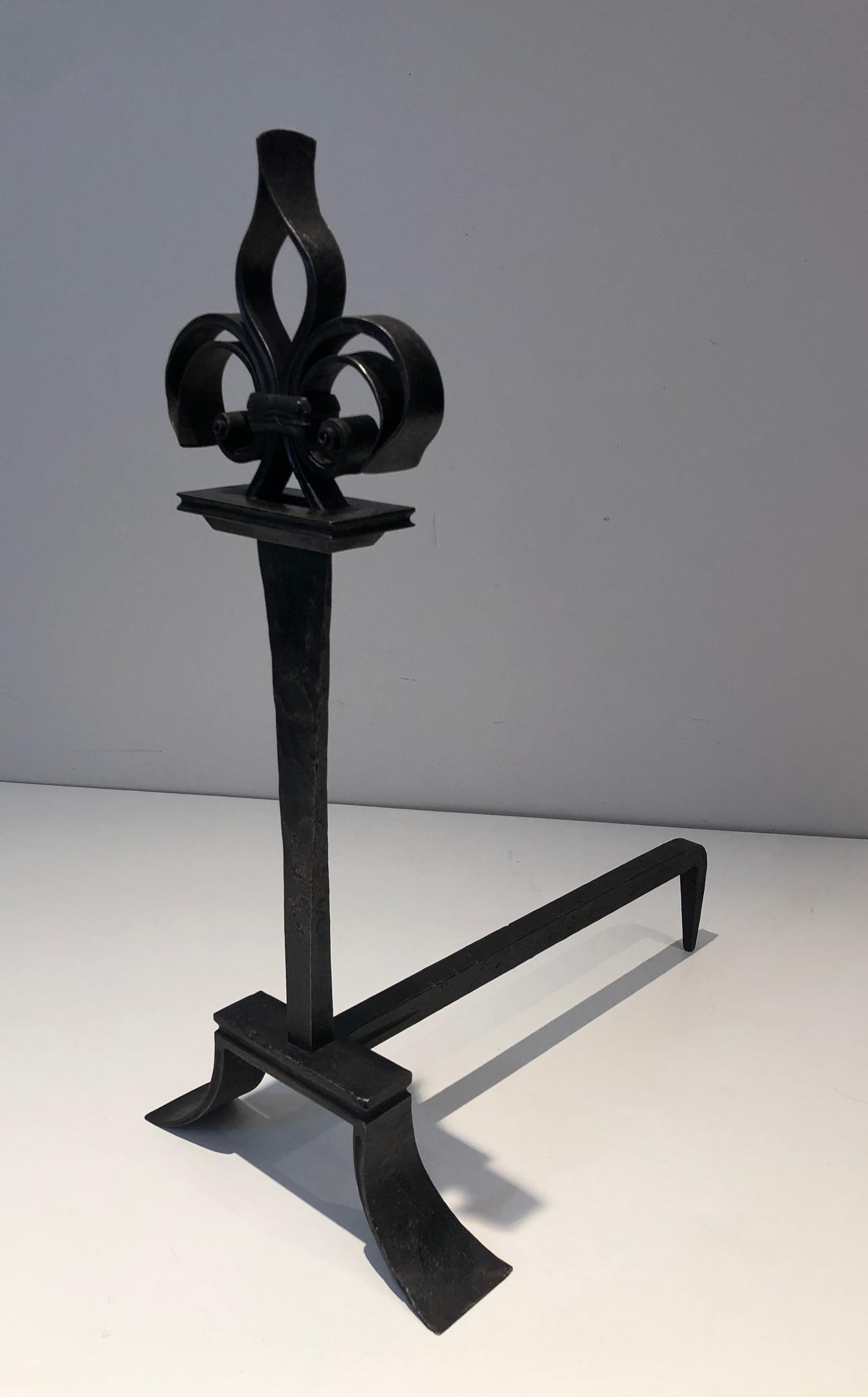 Mid-20th Century Important Pair of Wrought Iron Andirons with a Lily Flower For Sale