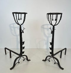 Important Pair of Wrought Iron Landiers Andirons with Deer Heads