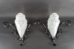 Important Pair of Wrought Iron Wall Sconces by Degué, Art Deco, France, 1930's