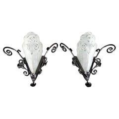 Important Pair of Wrought Iron Wall Sconces by Degué, Art Deco, France, 1930's