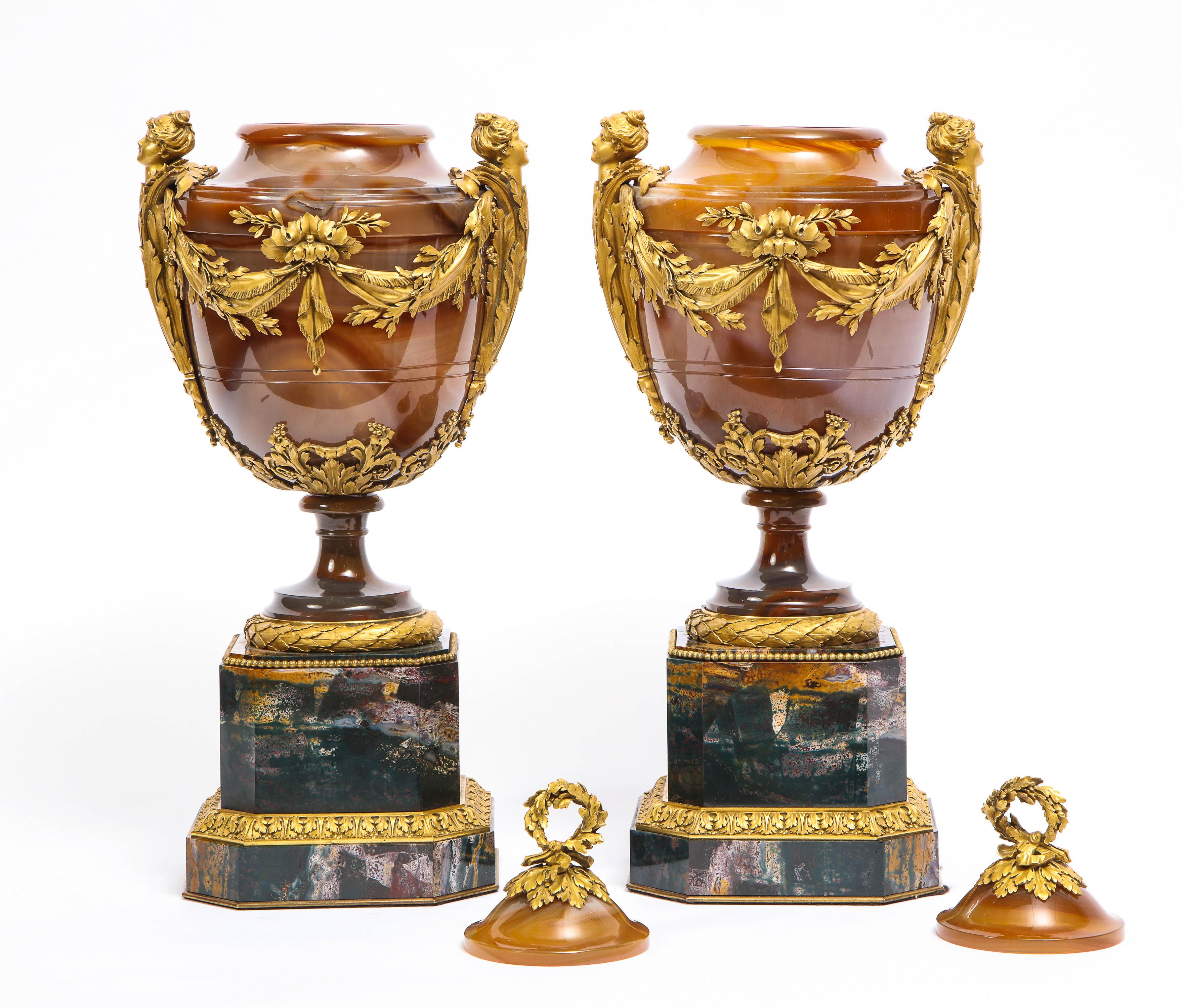 Hand-Carved Important Pair of Russian Imperial Agate and Bloodstone Ormolu Mtd. Jasper Vases