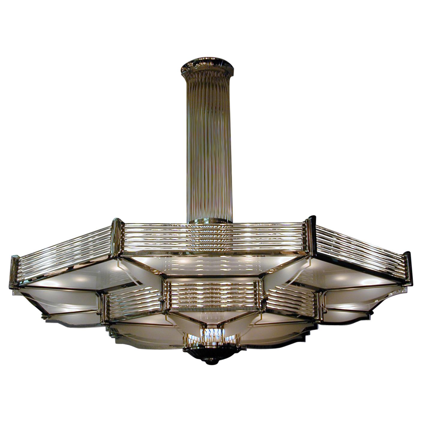 Important Palatial French Modernist Glass and Nickel Two-Tier Chandelier Petitot For Sale