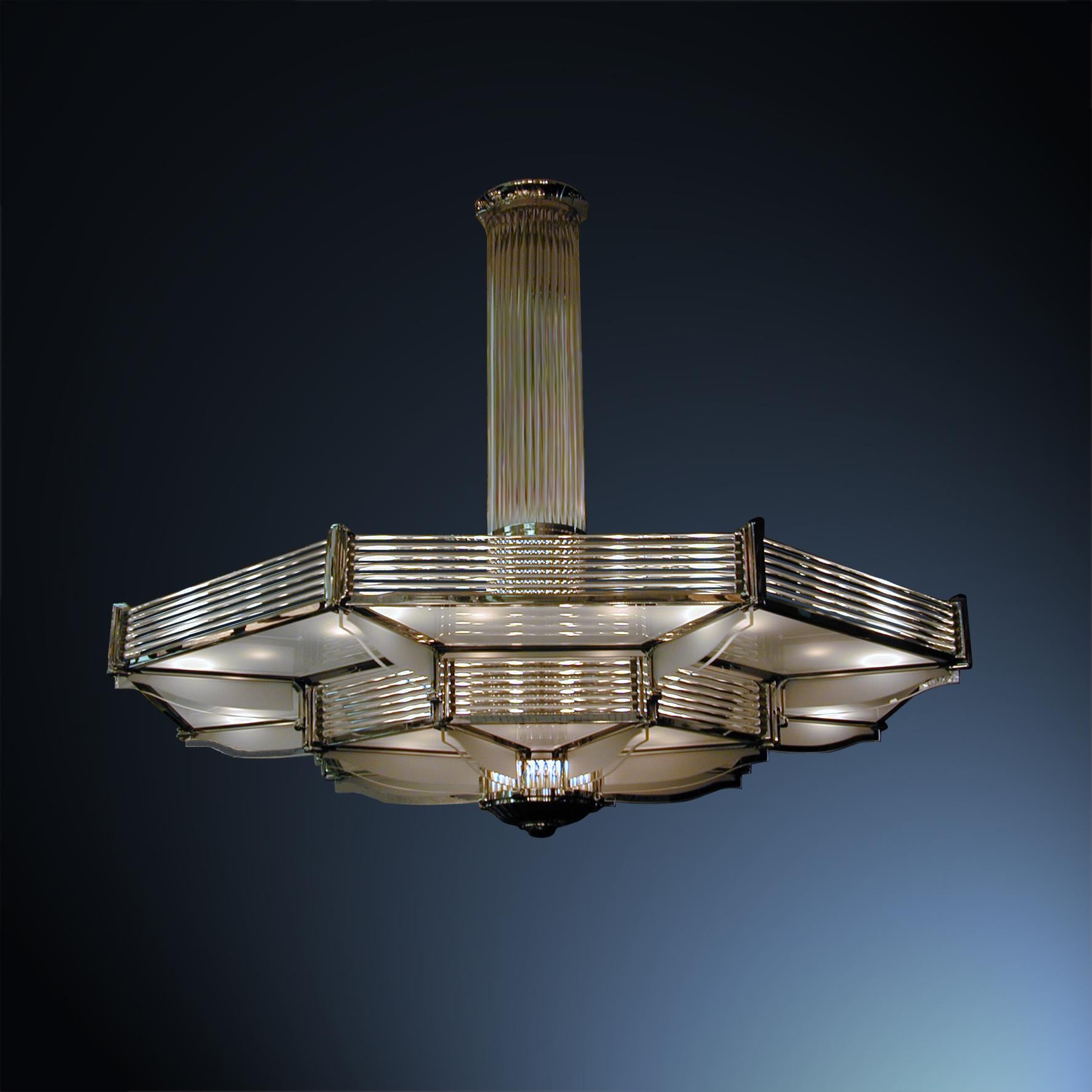 Important Palatial French Modernist Glass and Nickel Two-Tier Chandelier Petitot For Sale 5