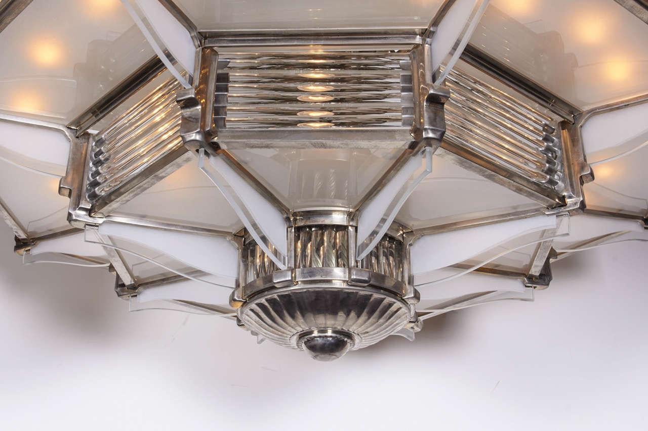Important Palatial French Modernist Glass and Nickel Two-Tier Chandelier Petitot For Sale 1