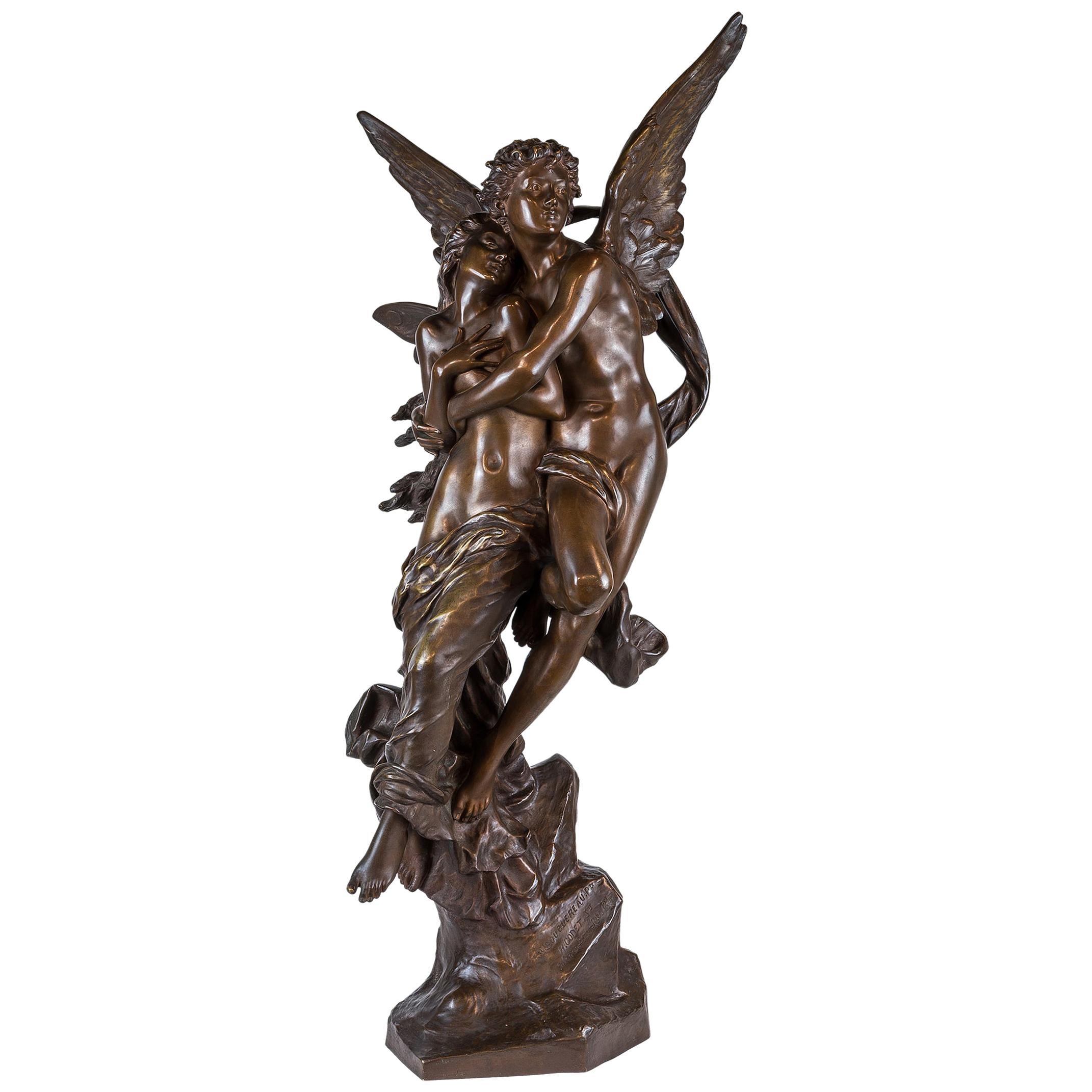 Obsidian Ständer Statuette Statue Figur Art Déco Bronze Engel Cupid mit Blume 
