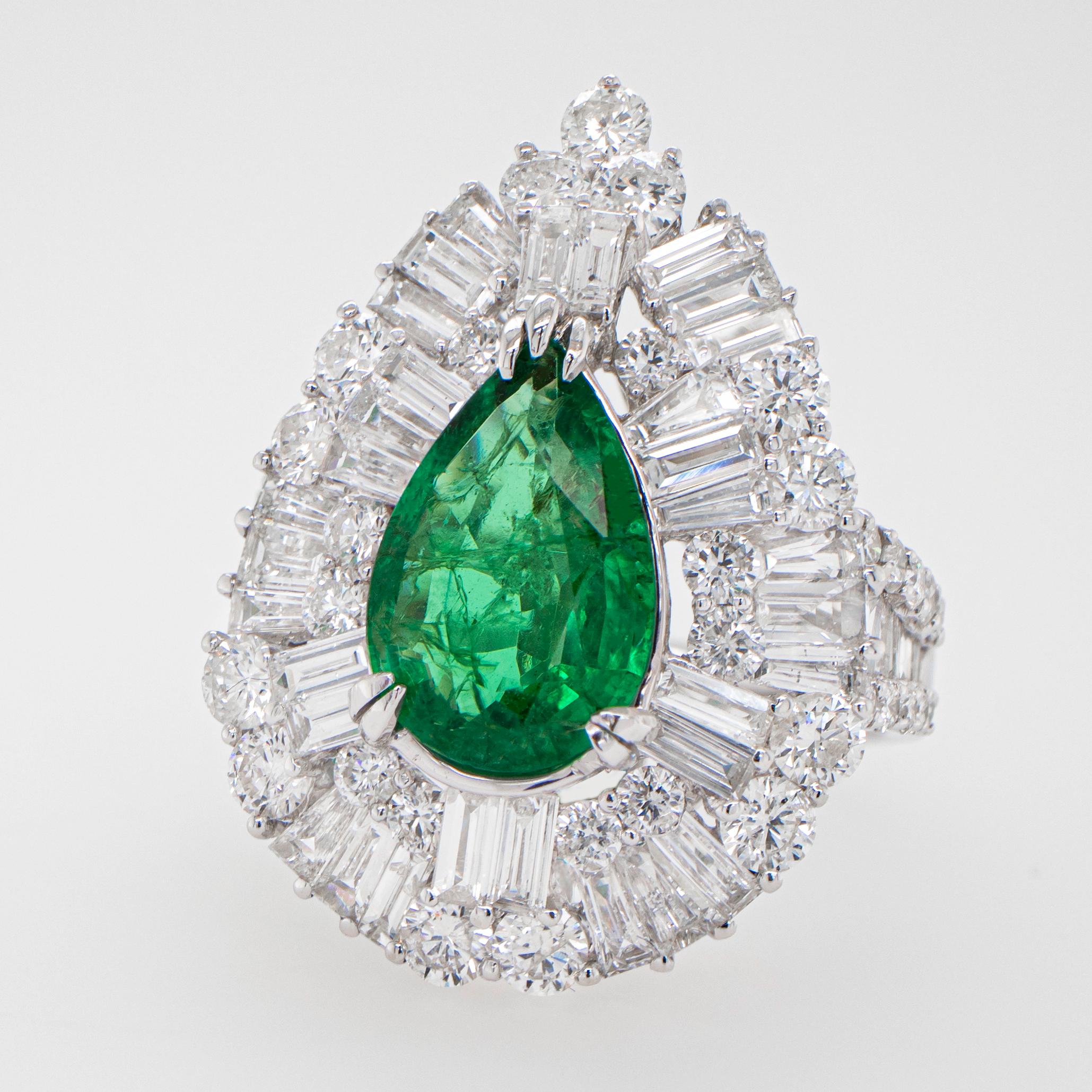 Pear Cut Important Pear Shaped Emerald Ring 2.25 Carat Set in Diamond Setting 3.45 Carats