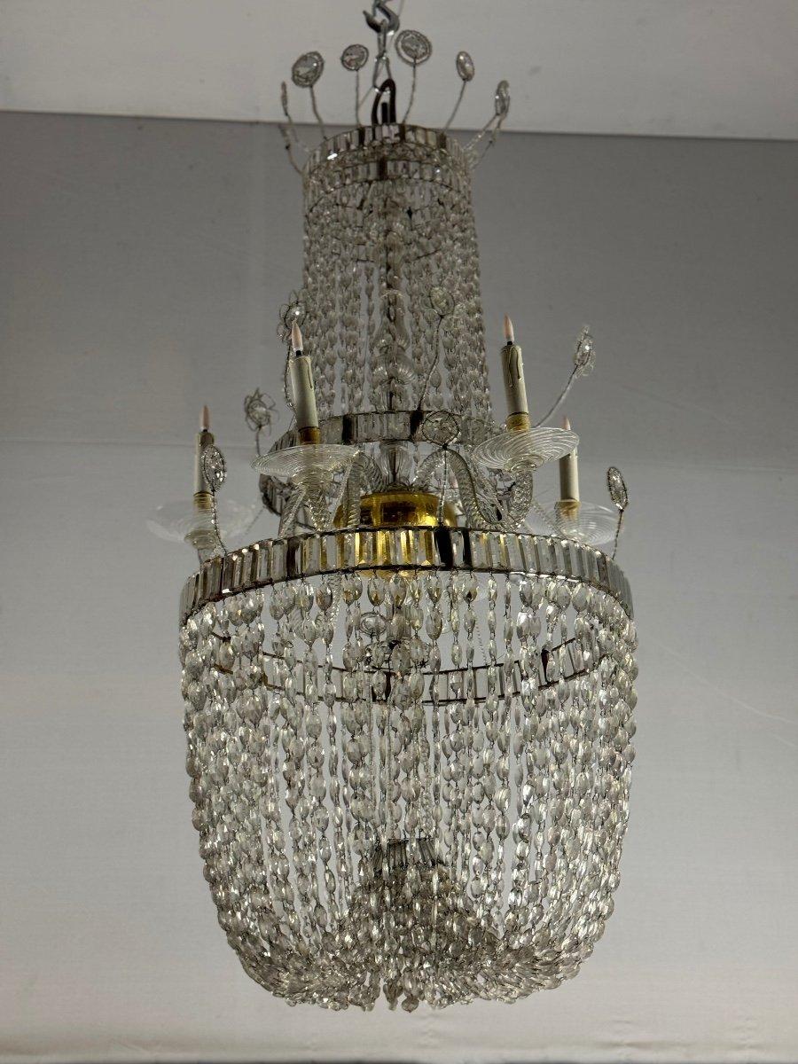 Important Pearl Bag Chandelier In Navette Cut Crystal, Circa 1800 

6 sconces, 

Weight 32kg