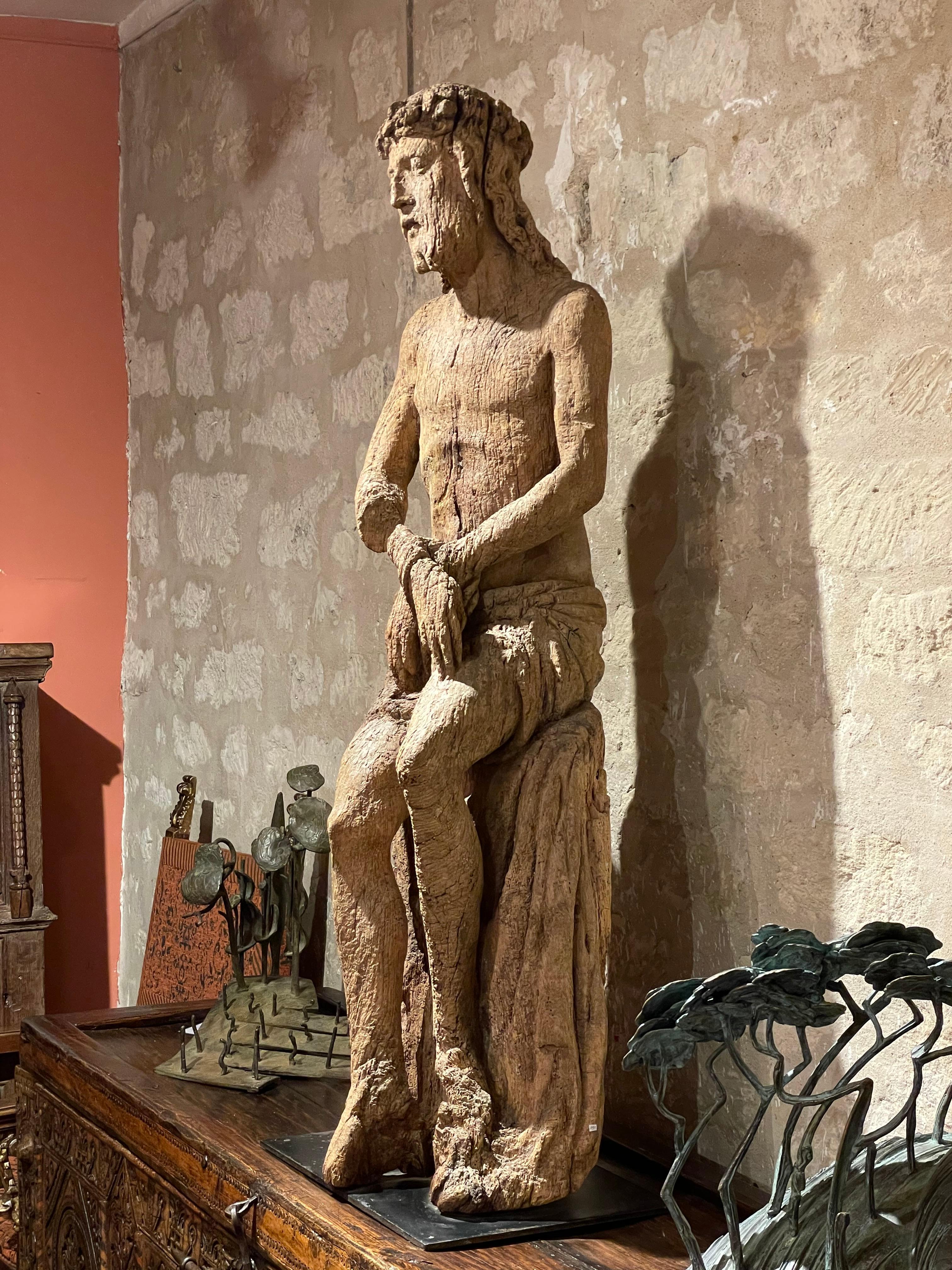Important Pensive Christ

Origin : Northern France
Period : late 15th – early 16th century

Measure: Height : 140 cm

Oakwood


Christ is depicted seated. His wrists are tied by a thin rope while His legs are free. His naked body is only