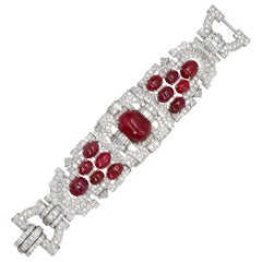 Important Platinum Bracelet Cabochon Rubies 60+ Carat and Diamonds 38.65 Carat