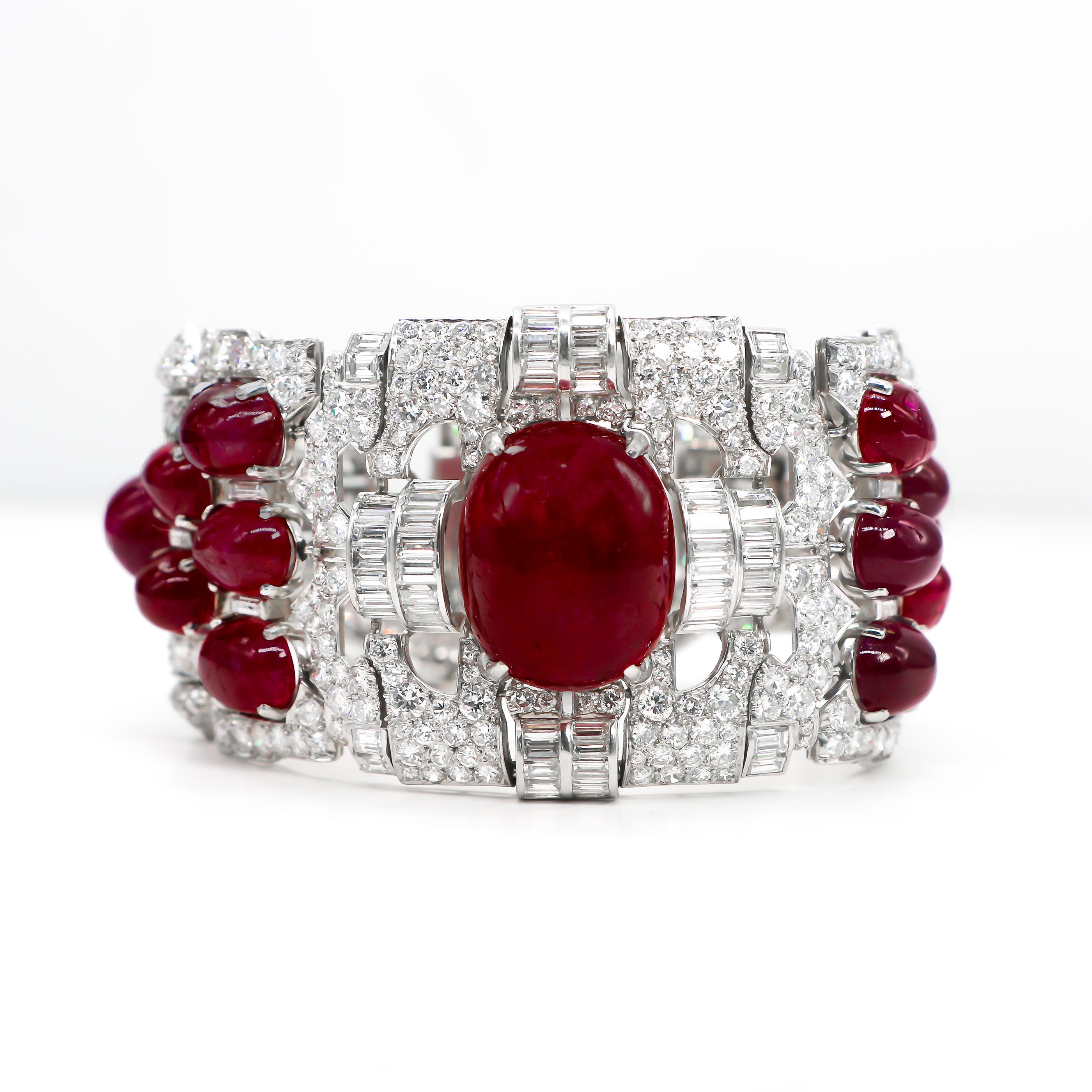 Art Deco Important Platinum Bracelet Cabochon Rubies 60+ Carat and Diamonds 38.65 Carat