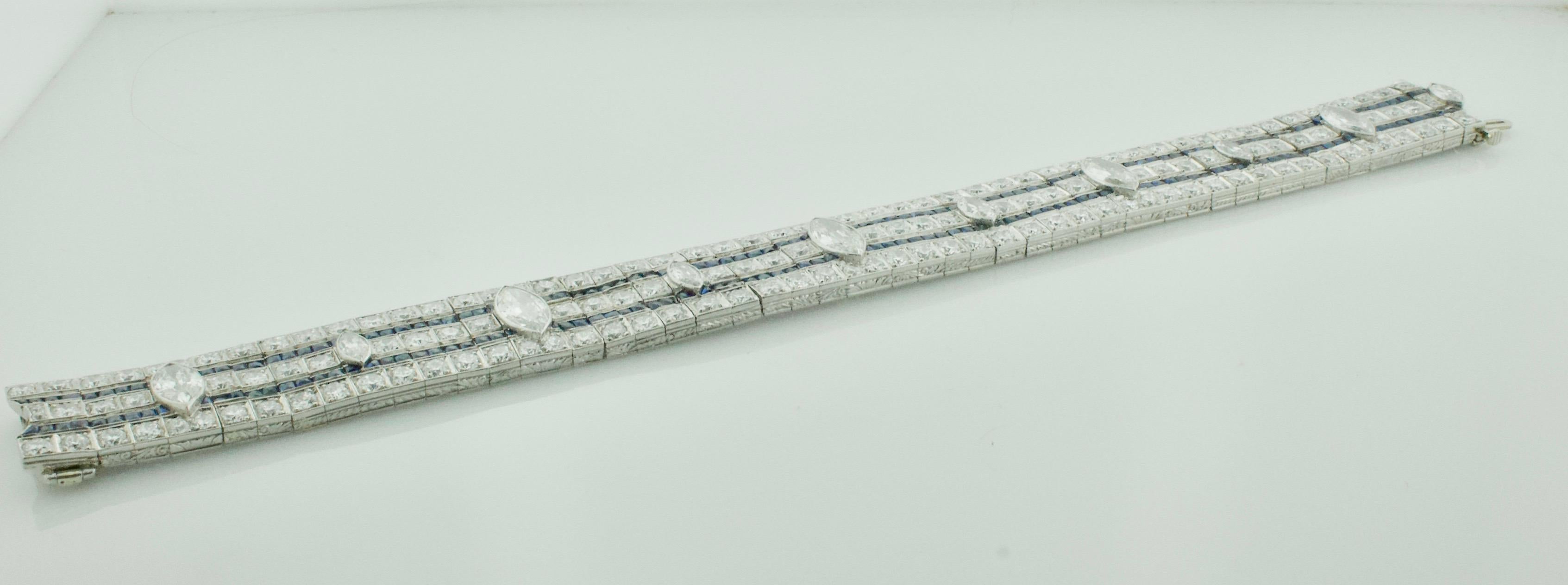 Important Platinum Diamond and Sapphire Art Deco Bracelet Circa 1920's 20.00 Carats
5 Old Mine Marquise Cut Diamonds Weighing 3.60 Carats Approximately 
5 Old Mine Marquise Cut Diamonds Weighing 1.25 Carats Approximately 
88 Old European Cut