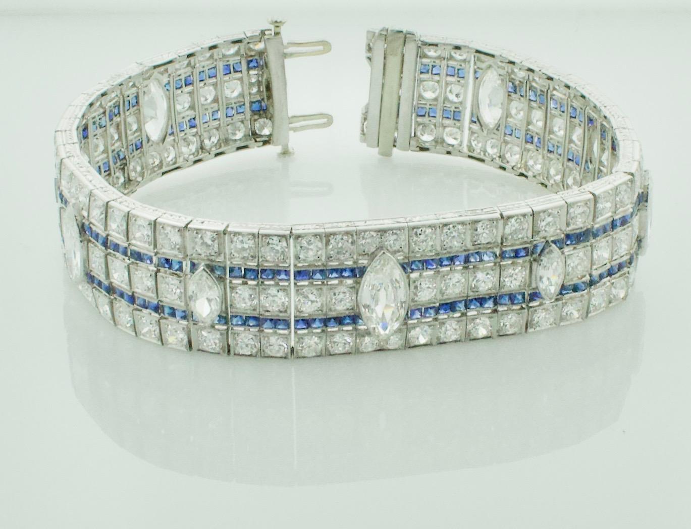 Art-déco-Armband aus Platin mit Diamanten und Saphiren, ca. 1920''s. (Marquiseschliff)