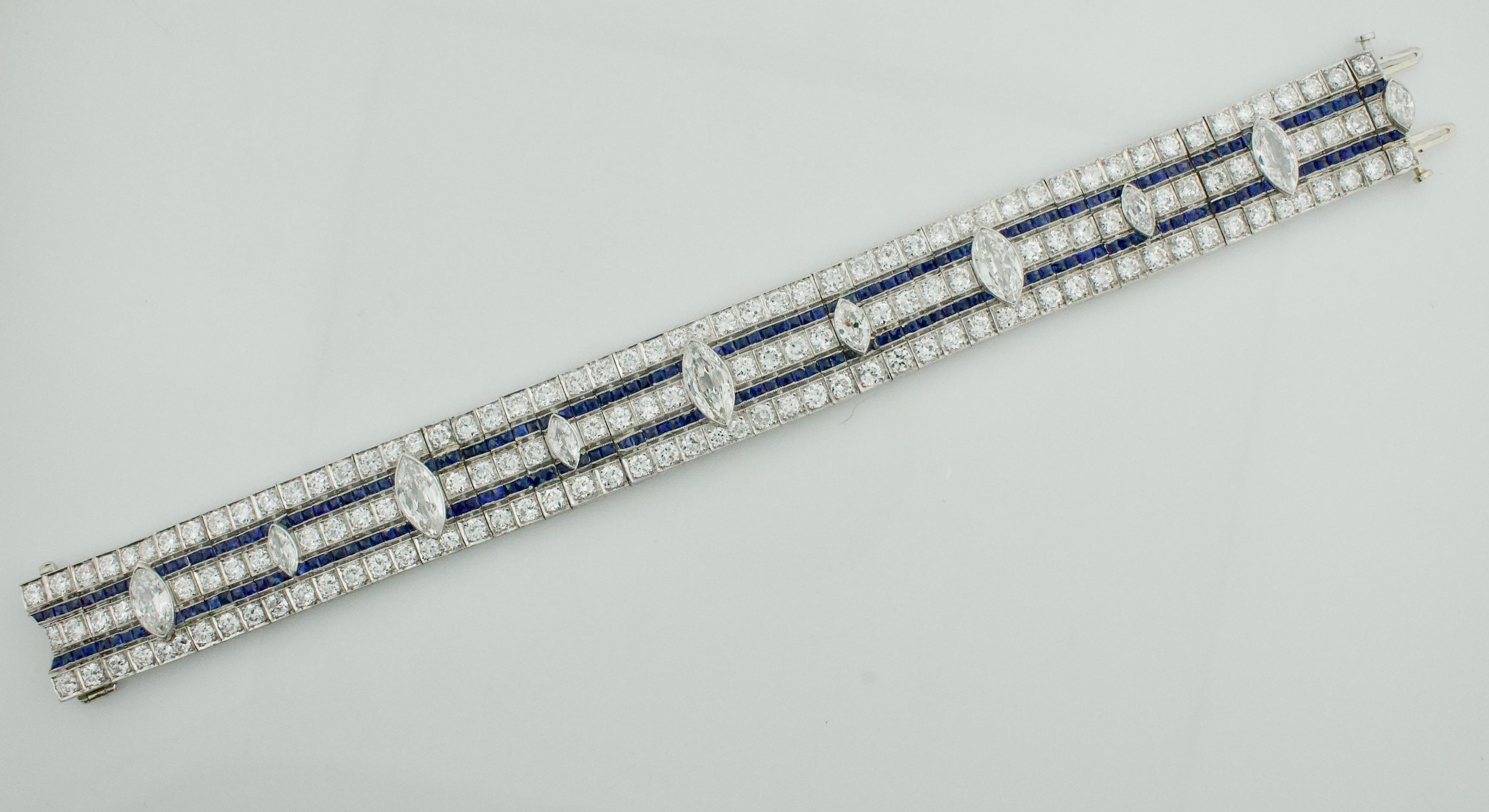 Marquise Cut Important Platinum Diamond and Sapphire Art Deco Bracelet C. 1920's 20.00 Cts
