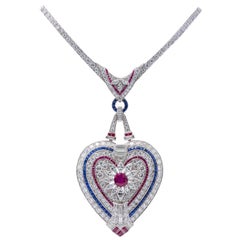 Antique Important Platinum Diamond Ruby and Sapphire Heart Pendant Necklace