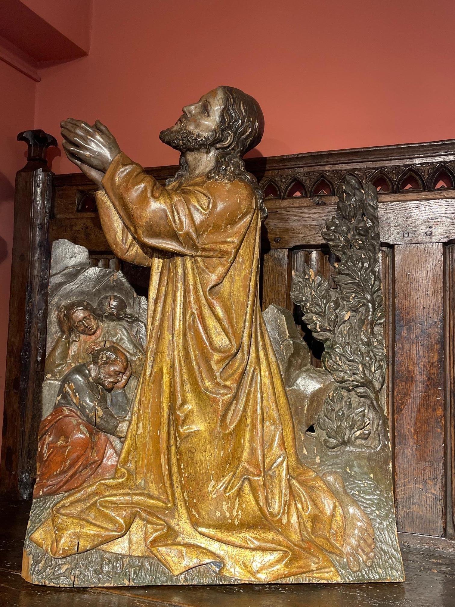IMPORTANT POLYCHROME LOW-RELIEF DEPICTING CHRIST IN THE MOUNT OF OLIVES

ORIGIN: SOUTH GERMANY or ALSACE 
PERIOD: ca. 1500-1510

Height : 78 cm
Length : 57 cm
Depth : 8 cm

Limewood
Good condition


This scene of Christ praying in the Mount of