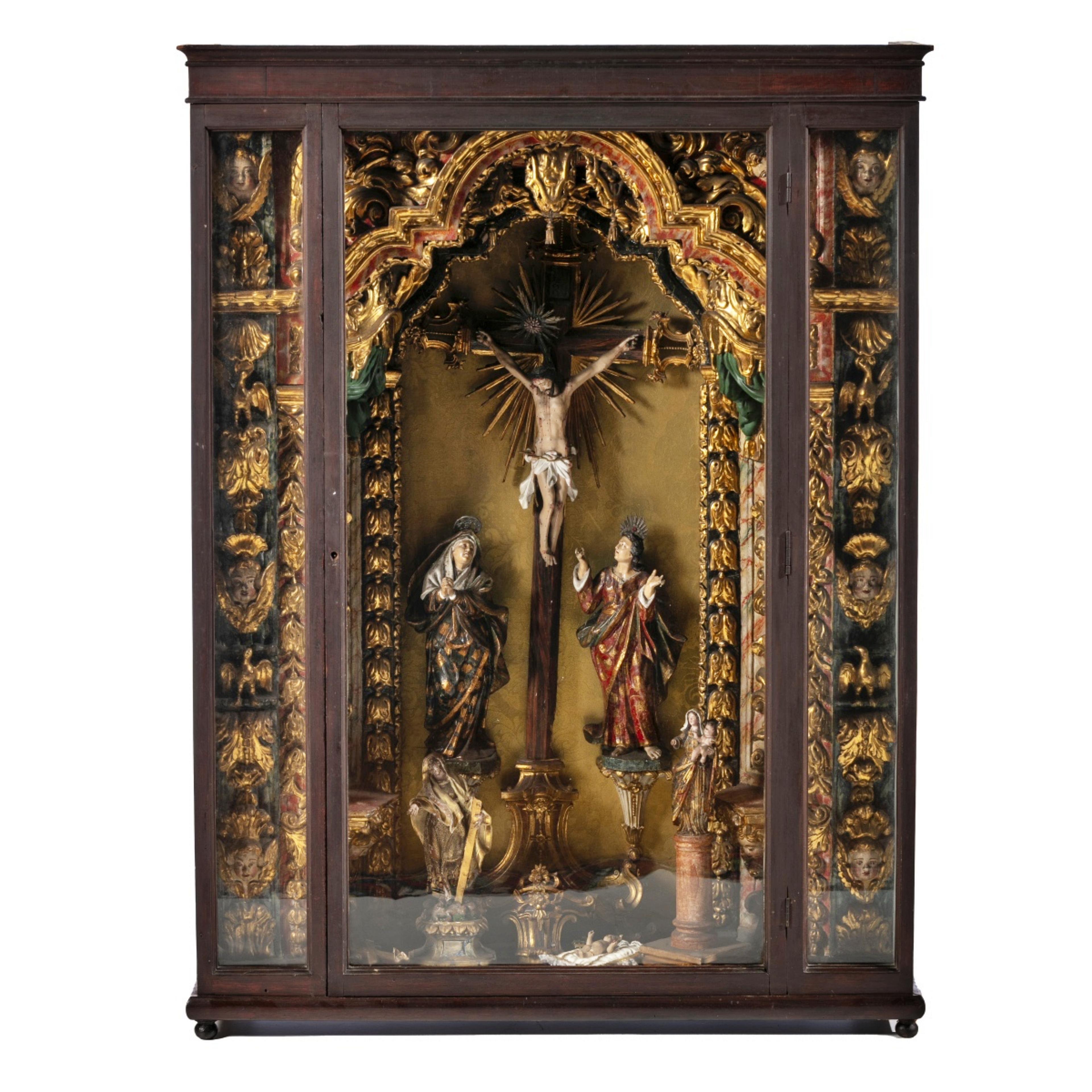 Hand-Crafted IMPORTANT PORTUGUESE ORATORY WITH CALVARY 17th Century For Sale