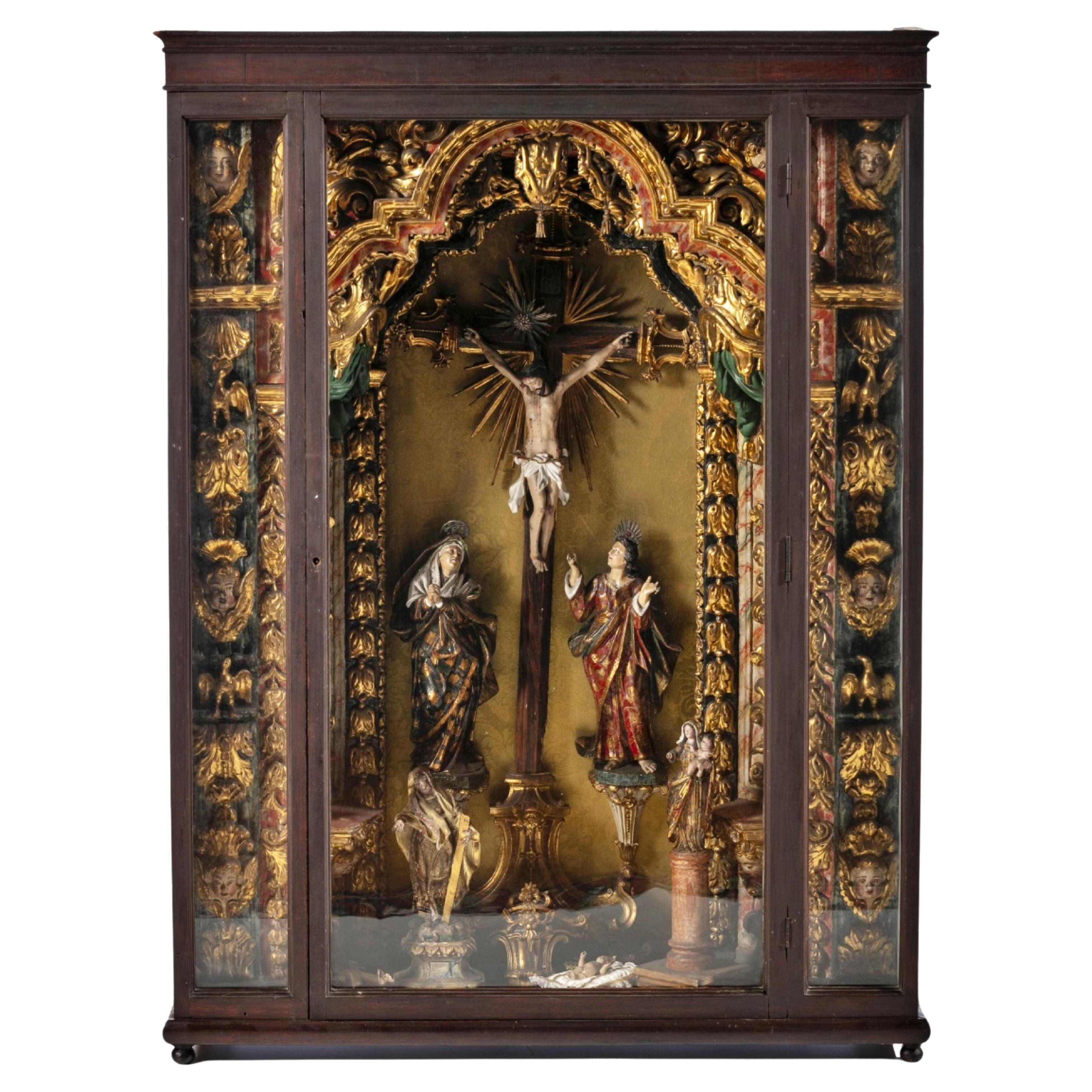 IMPORTANT PORTUGUESE ORATORY WITH CALVARY 17th Century For Sale