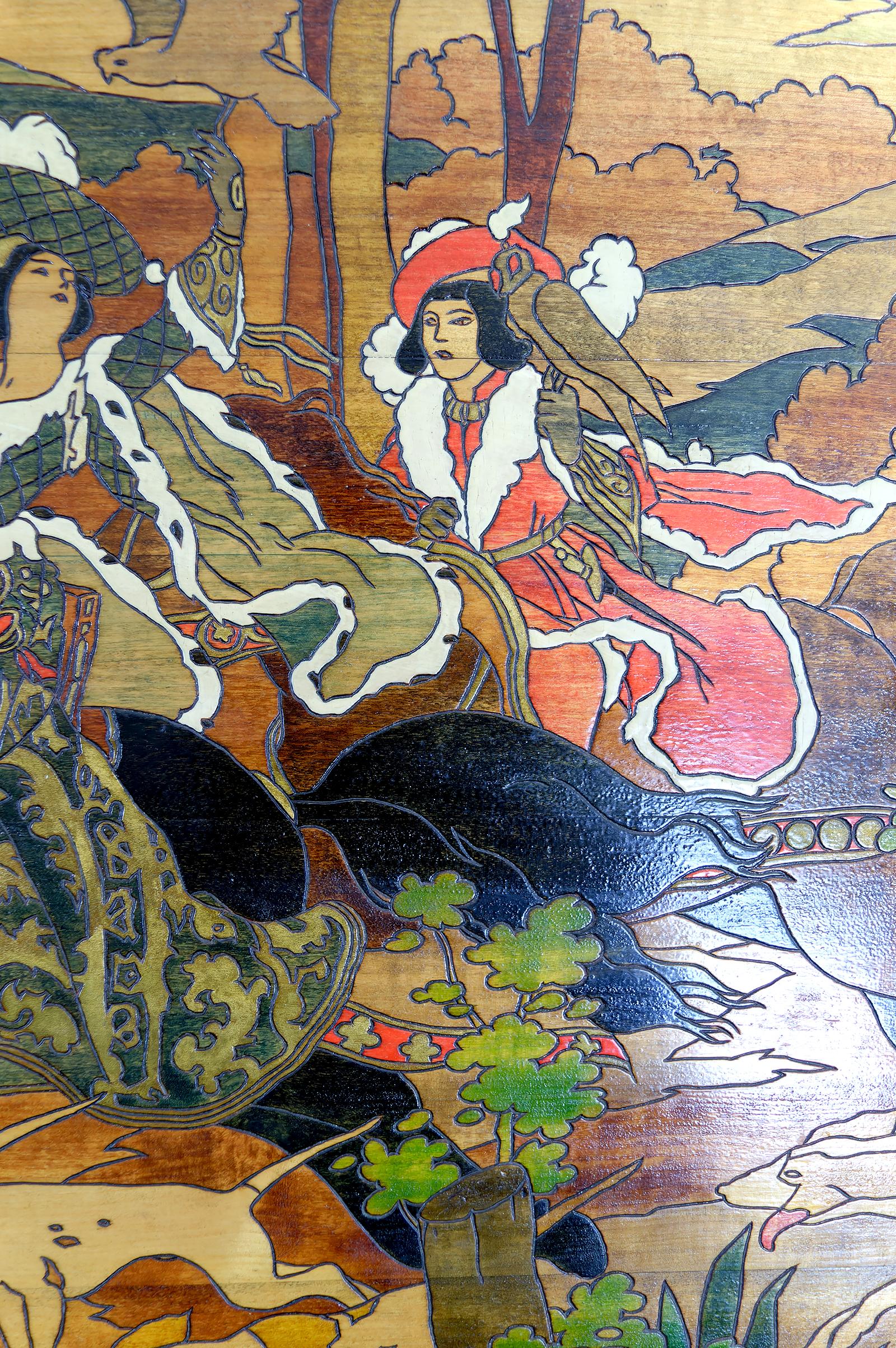 Important Pyrography Panel, Medieval Hunting Scene, France, Art Nouveau, 1900's For Sale 3