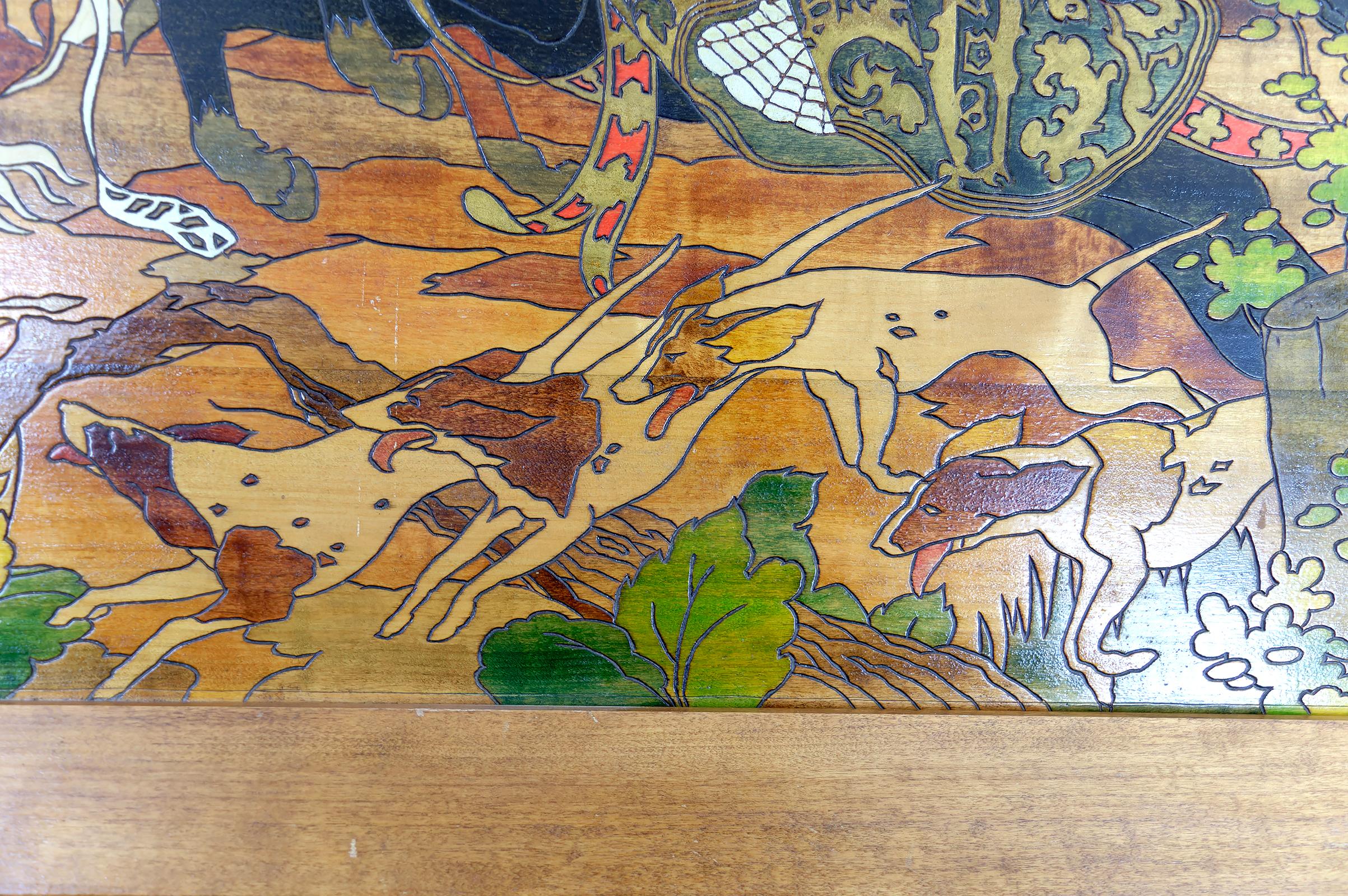 Important Pyrography Panel, Medieval Hunting Scene, France, Art Nouveau, 1900's For Sale 4