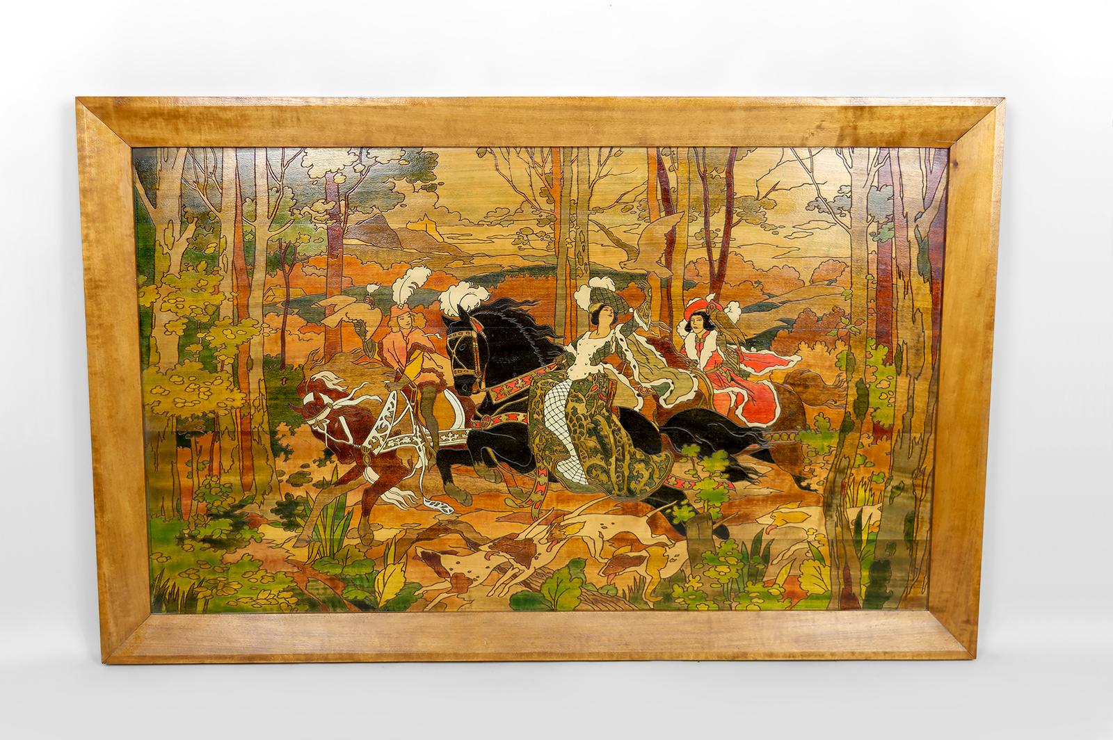 Important Pyrography Panel – Medieval Hunting Scene
France, Art Nouveau – Circa 1900

An exceptional pyrography artwork on wood, delicately enhanced with painted details, depicting an elegant medieval hunting scene. 

A noble lady rides through a