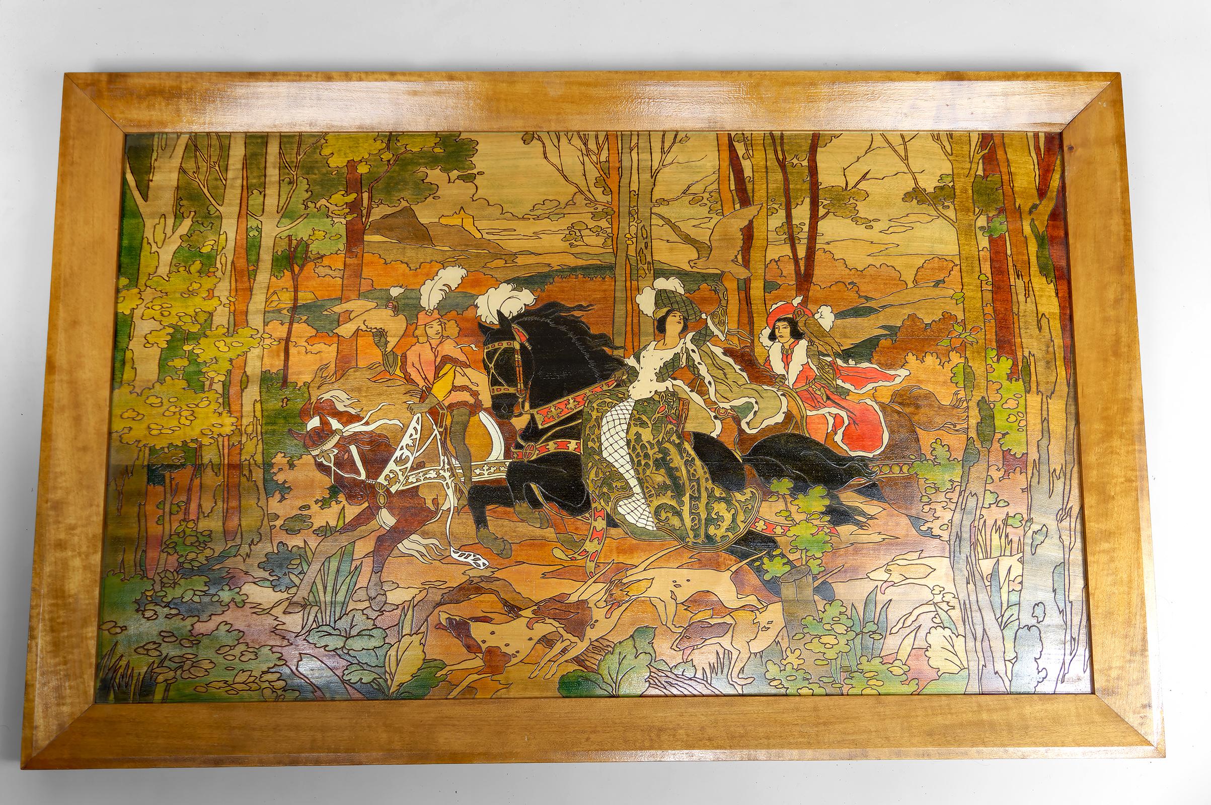 French Important Pyrography Panel, Medieval Hunting Scene, France, Art Nouveau, 1900's For Sale