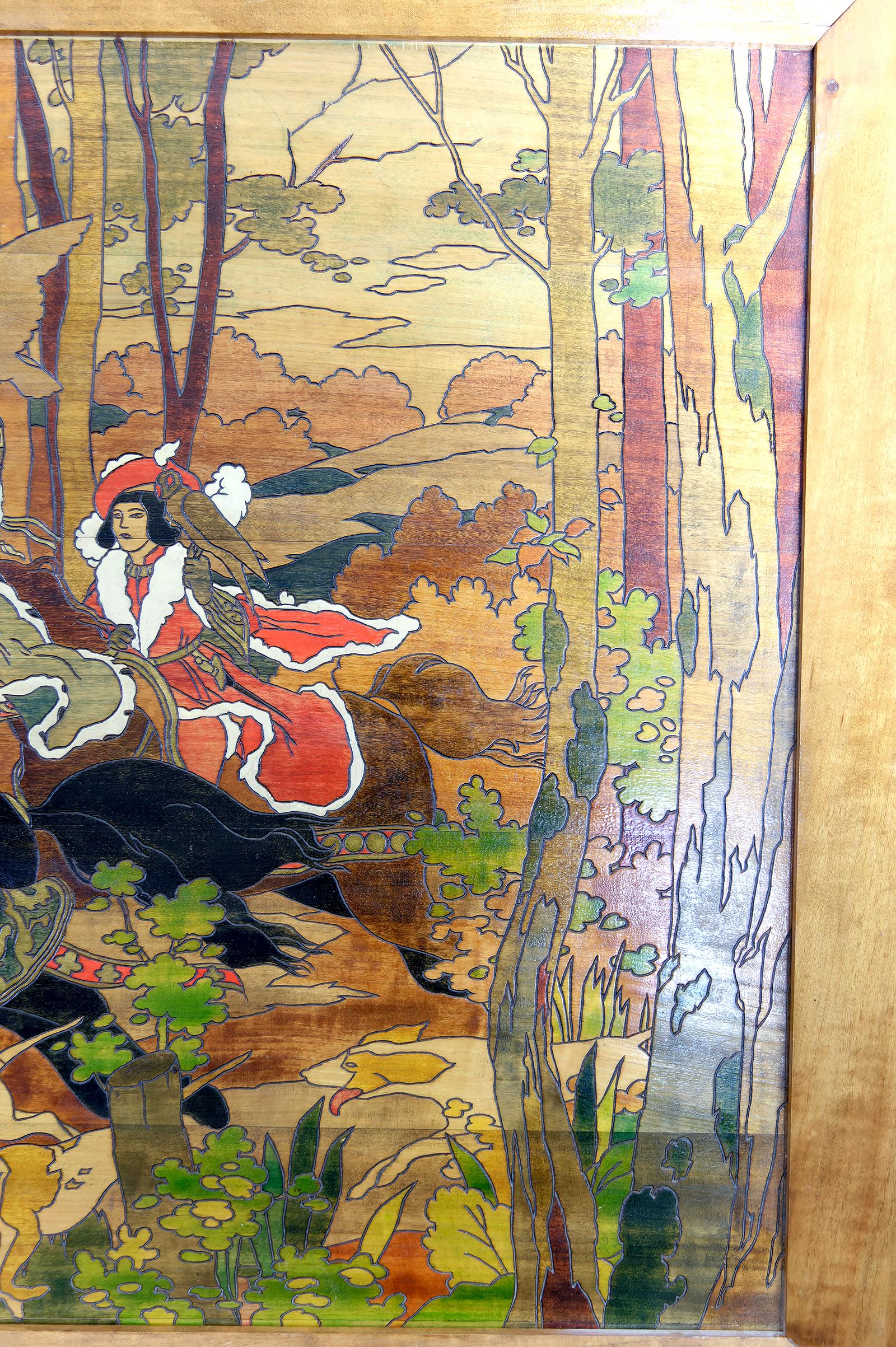 Hand-Crafted Important Pyrography Panel, Medieval Hunting Scene, France, Art Nouveau, 1900's For Sale