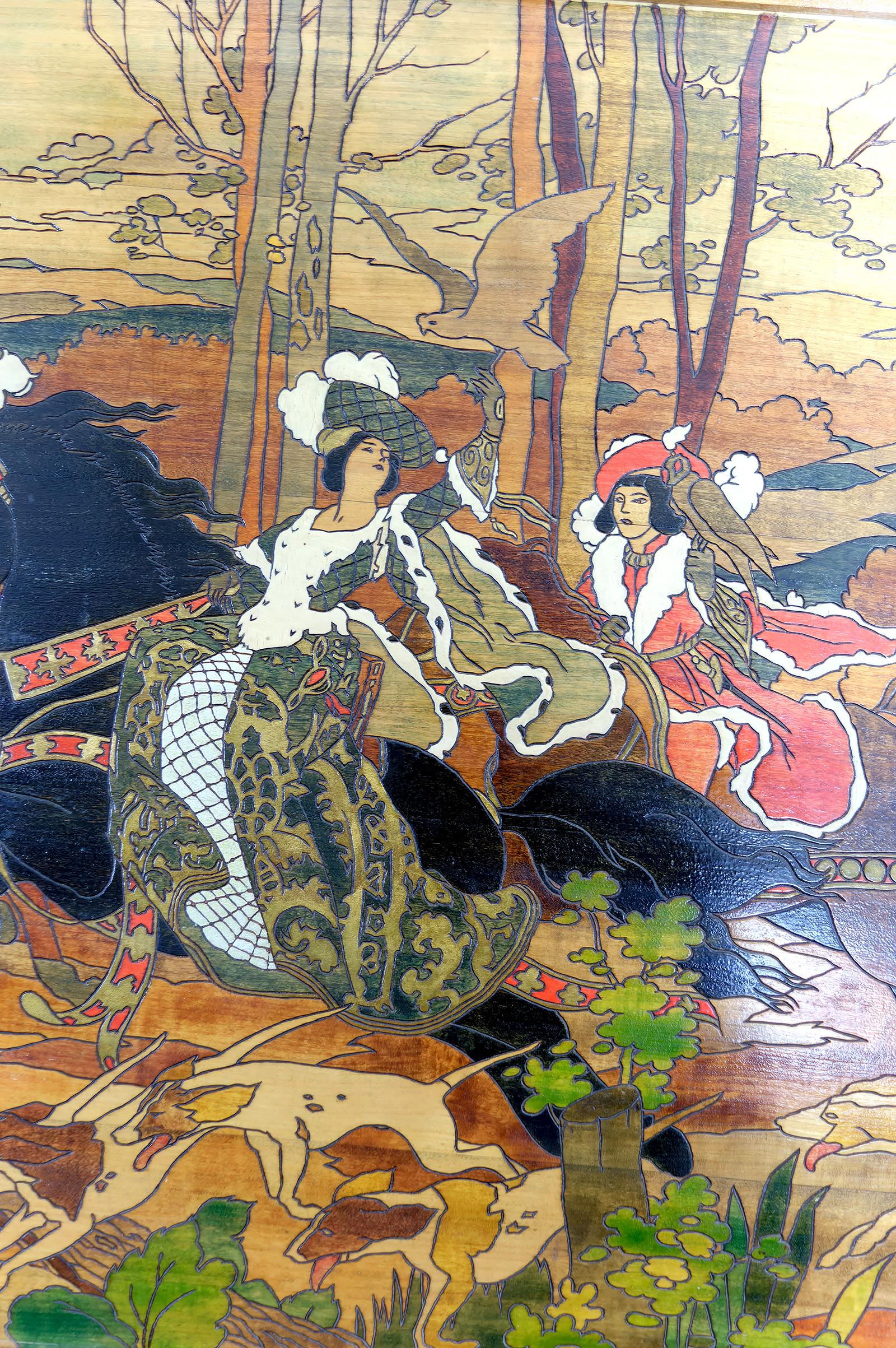 Important Pyrography Panel, Medieval Hunting Scene, France, Art Nouveau, 1900's In Good Condition For Sale In VÉZELAY, FR