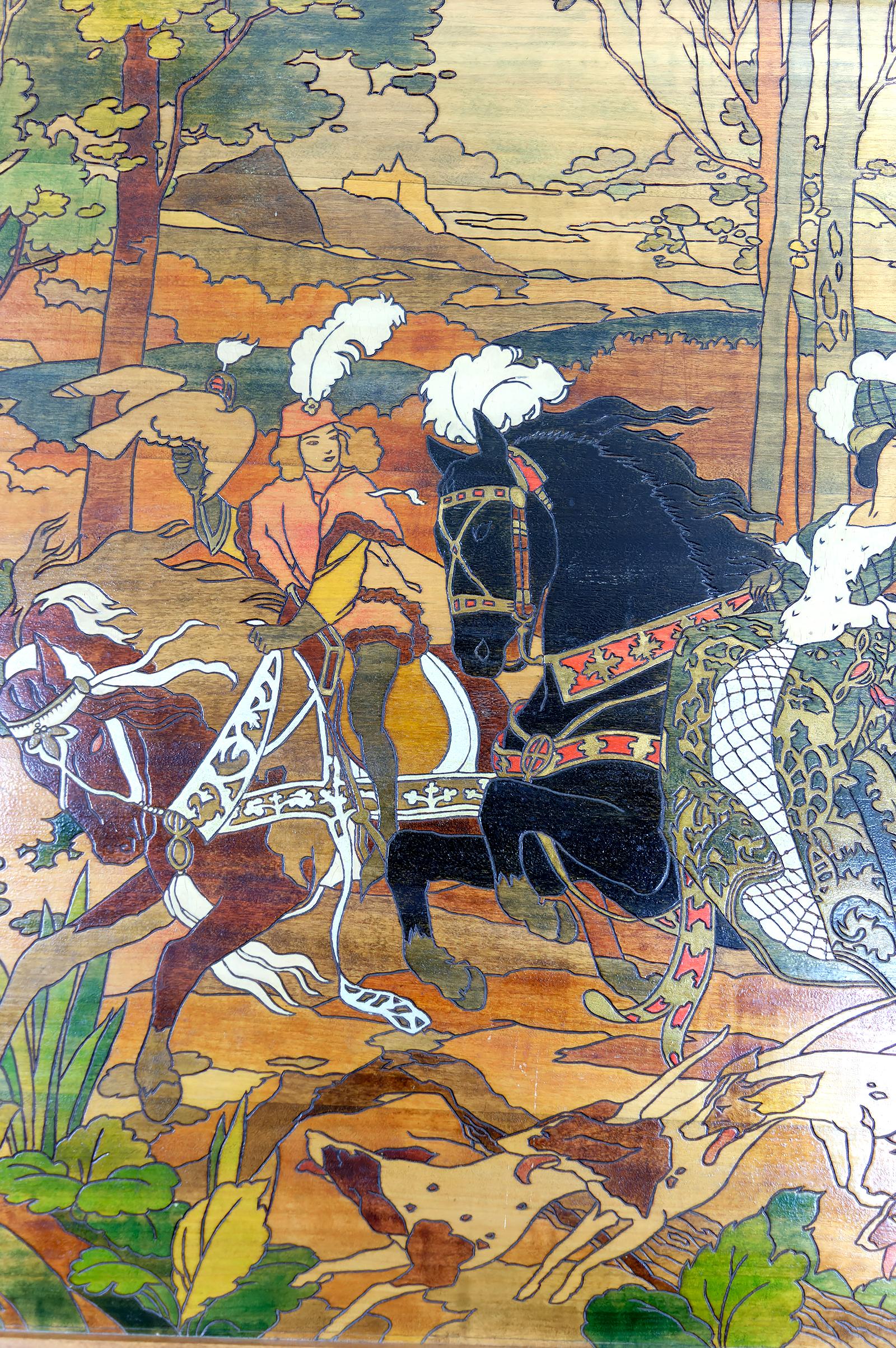 Early 20th Century Important Pyrography Panel, Medieval Hunting Scene, France, Art Nouveau, 1900's For Sale