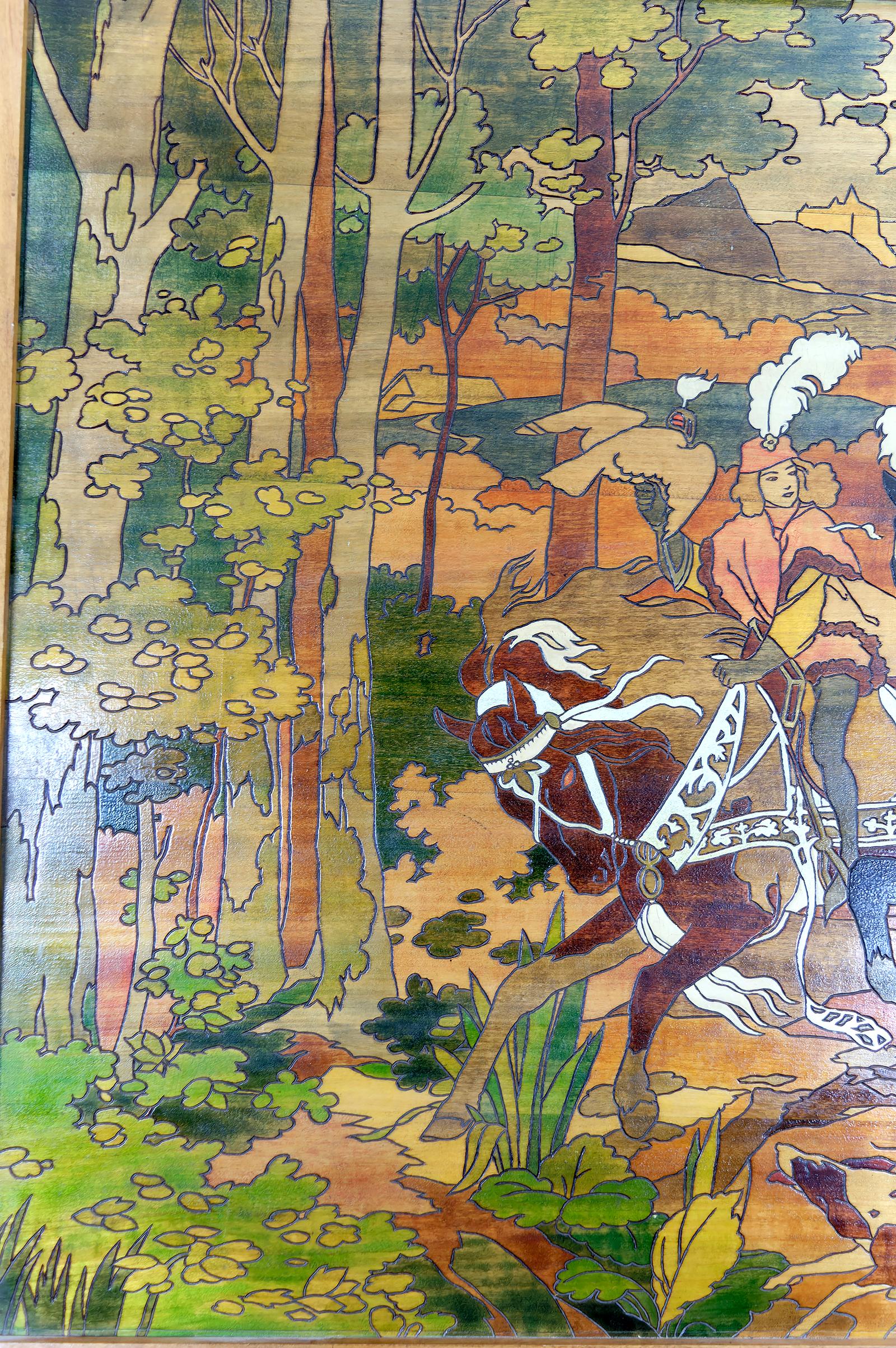 Wood Important Pyrography Panel, Medieval Hunting Scene, France, Art Nouveau, 1900's For Sale