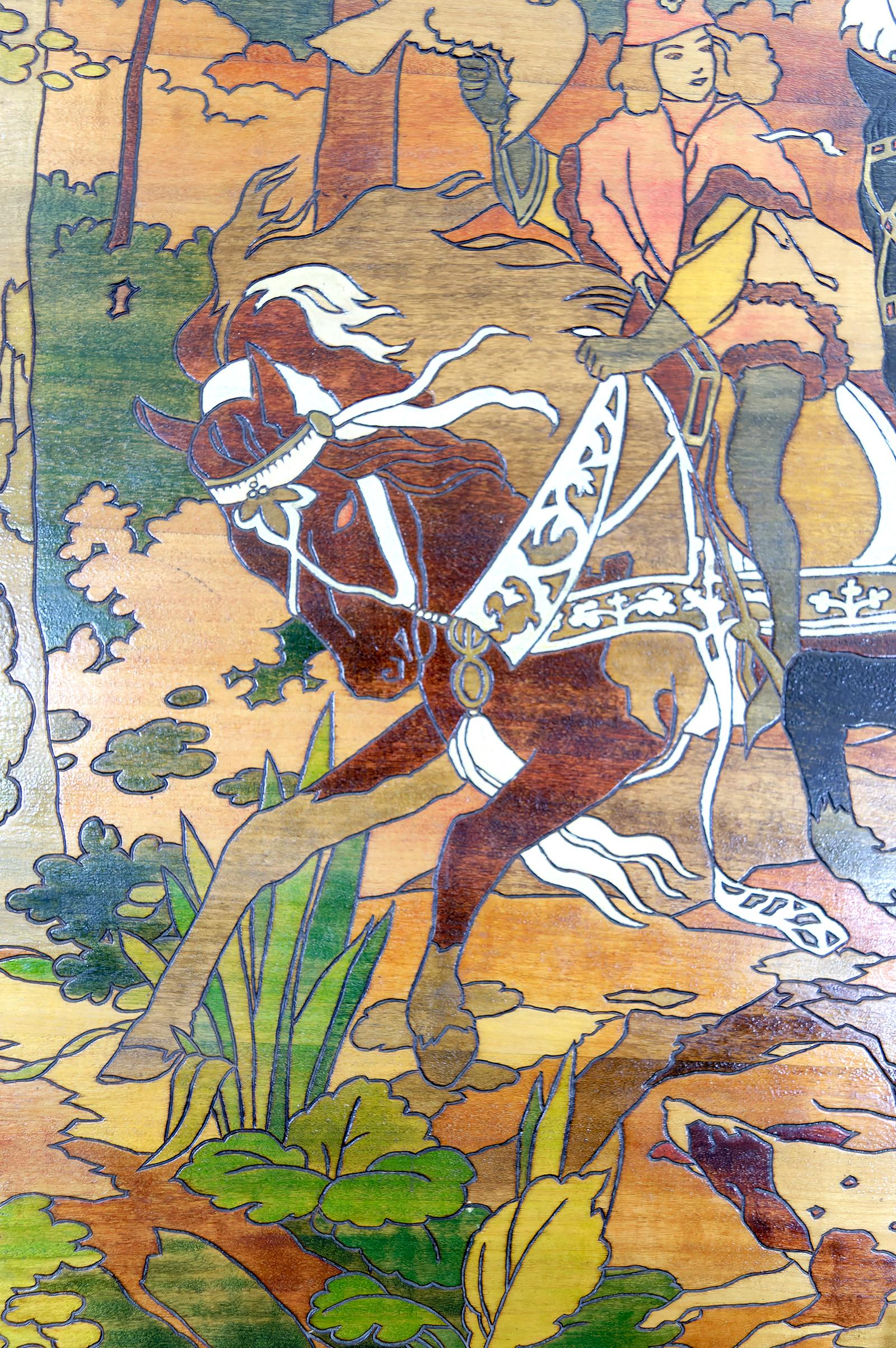 Important Pyrography Panel, Medieval Hunting Scene, France, Art Nouveau, 1900's For Sale 1