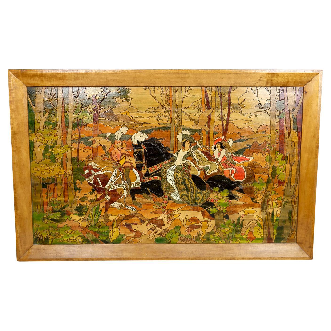 Important Pyrography Panel, Medieval Hunting Scene, France, Art Nouveau, 1900's For Sale