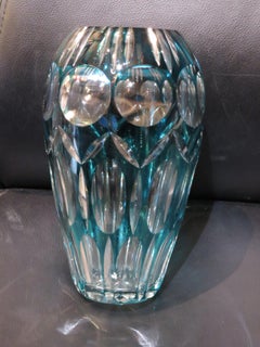 Important Rare Early 1900s French Turquoise Deep Cut Etched Crystal Vase