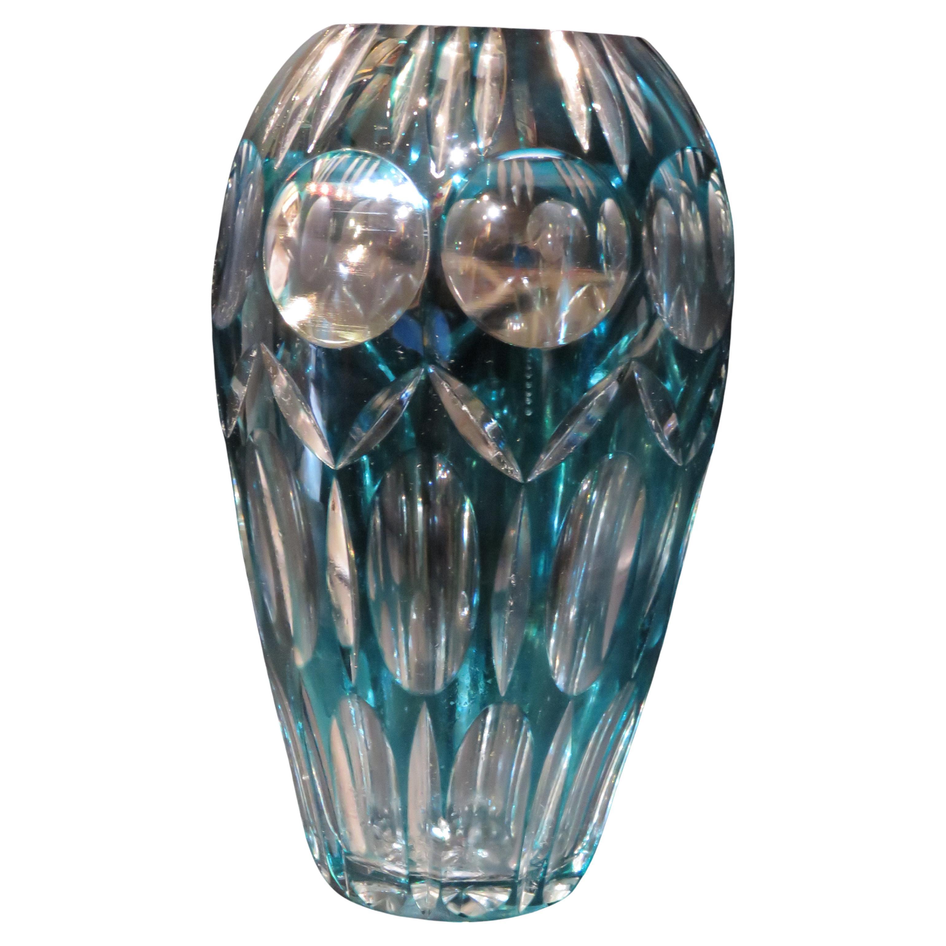 Importante y Raro Jarrón Francés de Cristal Grabado con Corte Profundo de Turquesa de Principios del Siglo XX